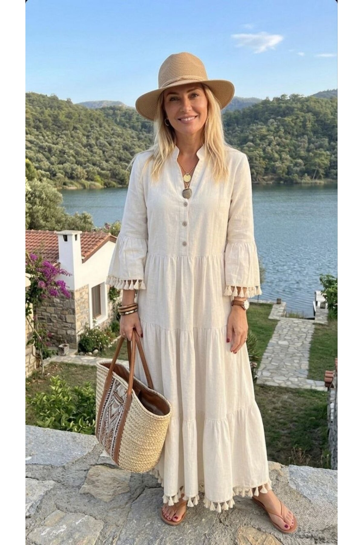 AYASOFYA OTANTIK Women's Beige Button Detailed Lapel Collar Tasseled Long Linen Dress