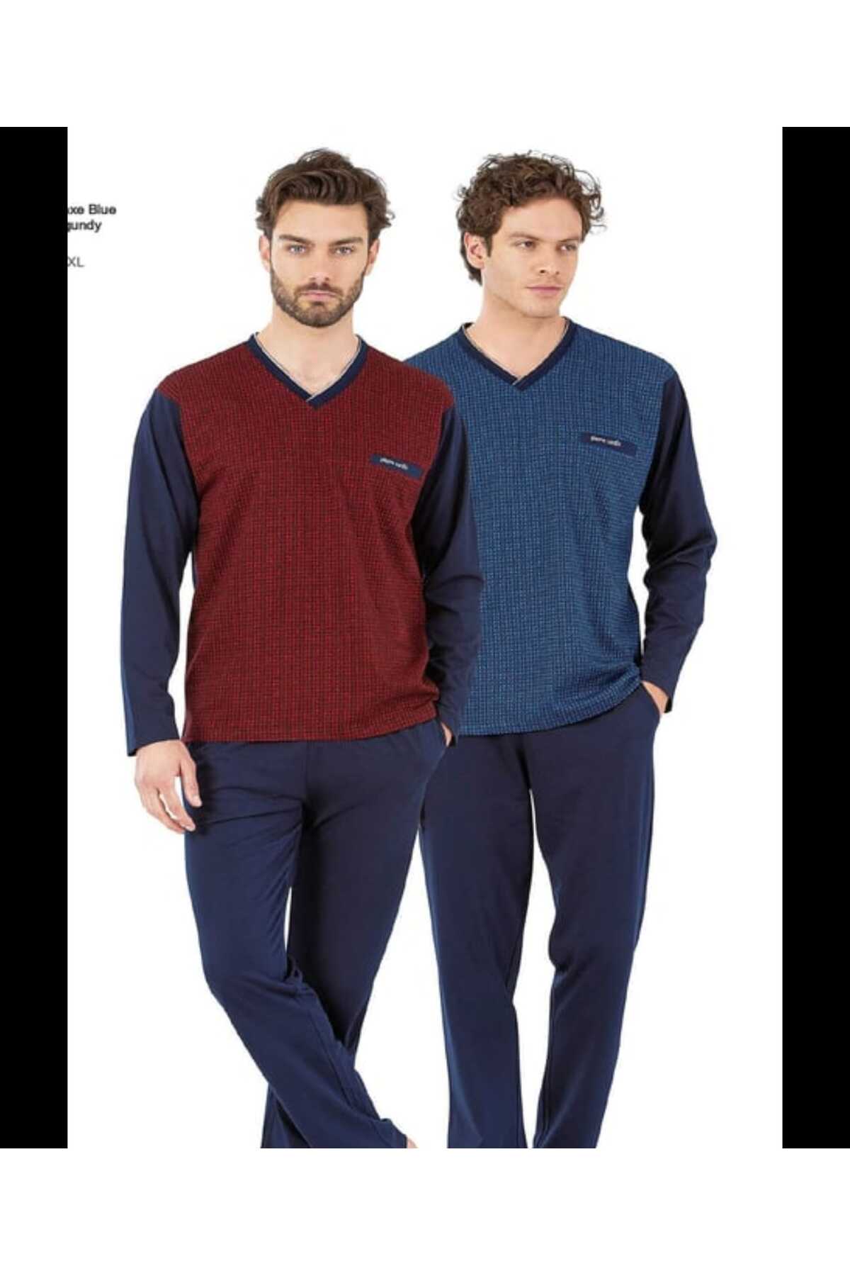 ست لباس خواب مردانه آستین بلند یقه هفت مدل 6058 پیر کاردین ست پیژامه و لباس خواب Pierre Cardin
