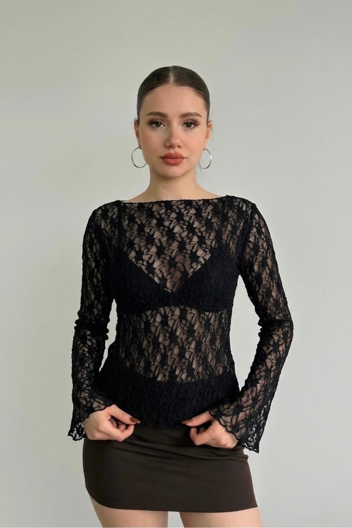ModaYaren Kadın Kayık Yaka Dantelli Trompet Kol Bluz -3RTM-88105 görsel 3