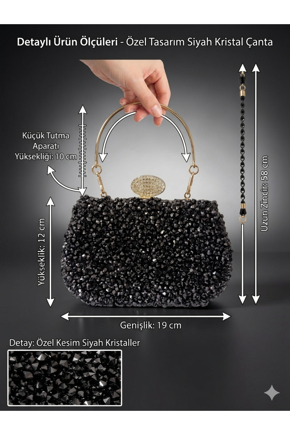 Dilora Kadın Kristal Taşlı Abiye Çanta Clutch Portföy Zincir Askılı Parlak Gece Davet Düğün Nişan Çantası (Gümüş - Siyah - Antrasit) görsel 2
