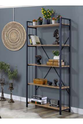 UmkaHome Modern Loft Metal & Ahşap 5 Katlı Dekoratif Kitaplık – 180x90x25 cm