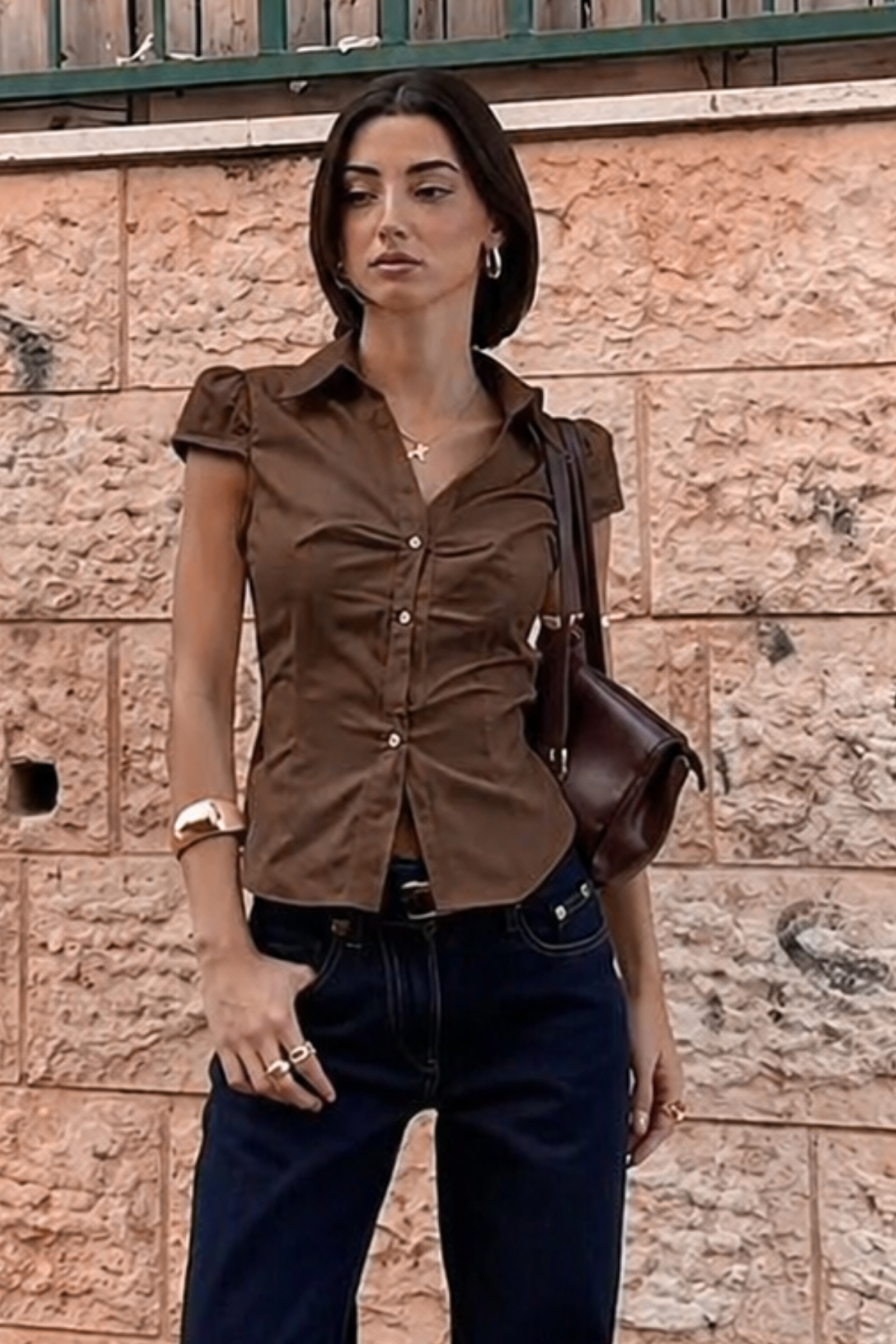 Brown Short Sleeve Body Fitting Shirt HL21