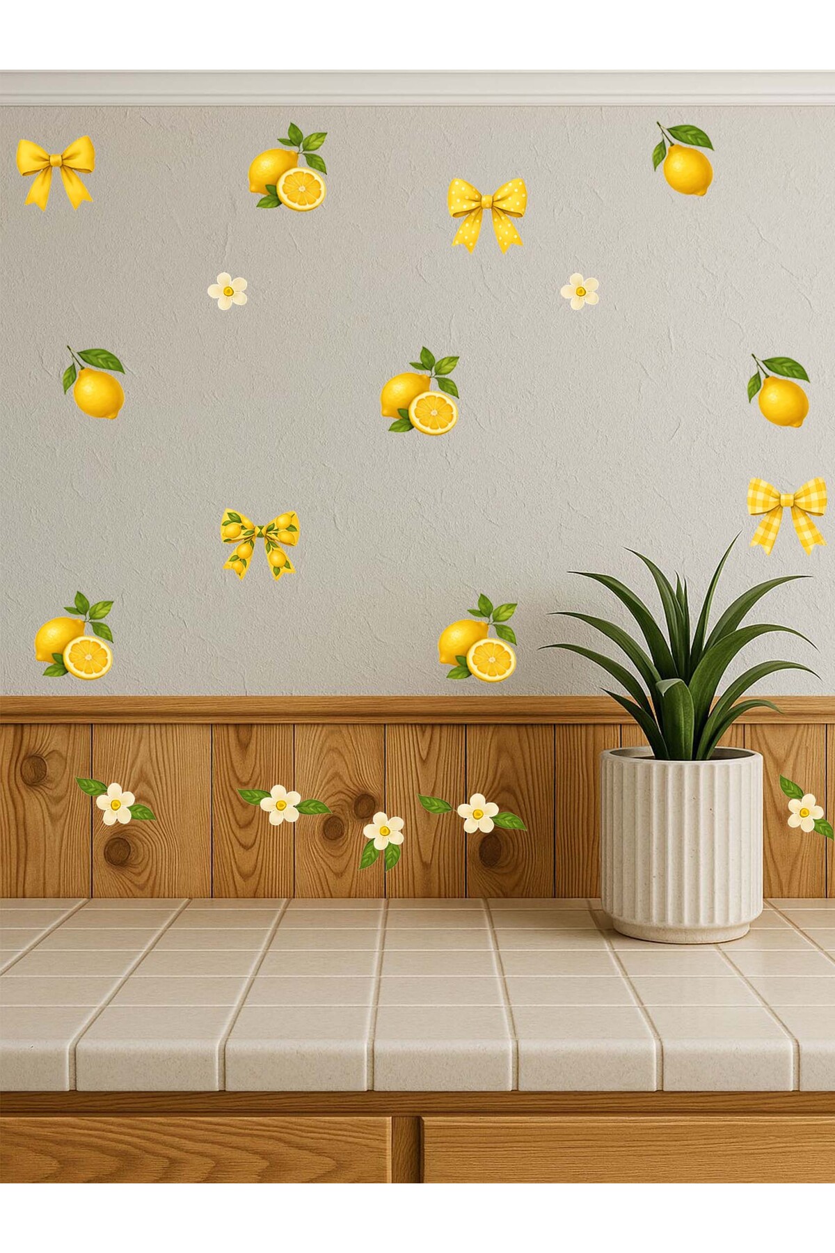 Yellow, Lemon and Ribbon Pattern, Kitchen, Glass, Nursery, Wall Sticker, 50 x 100 cm