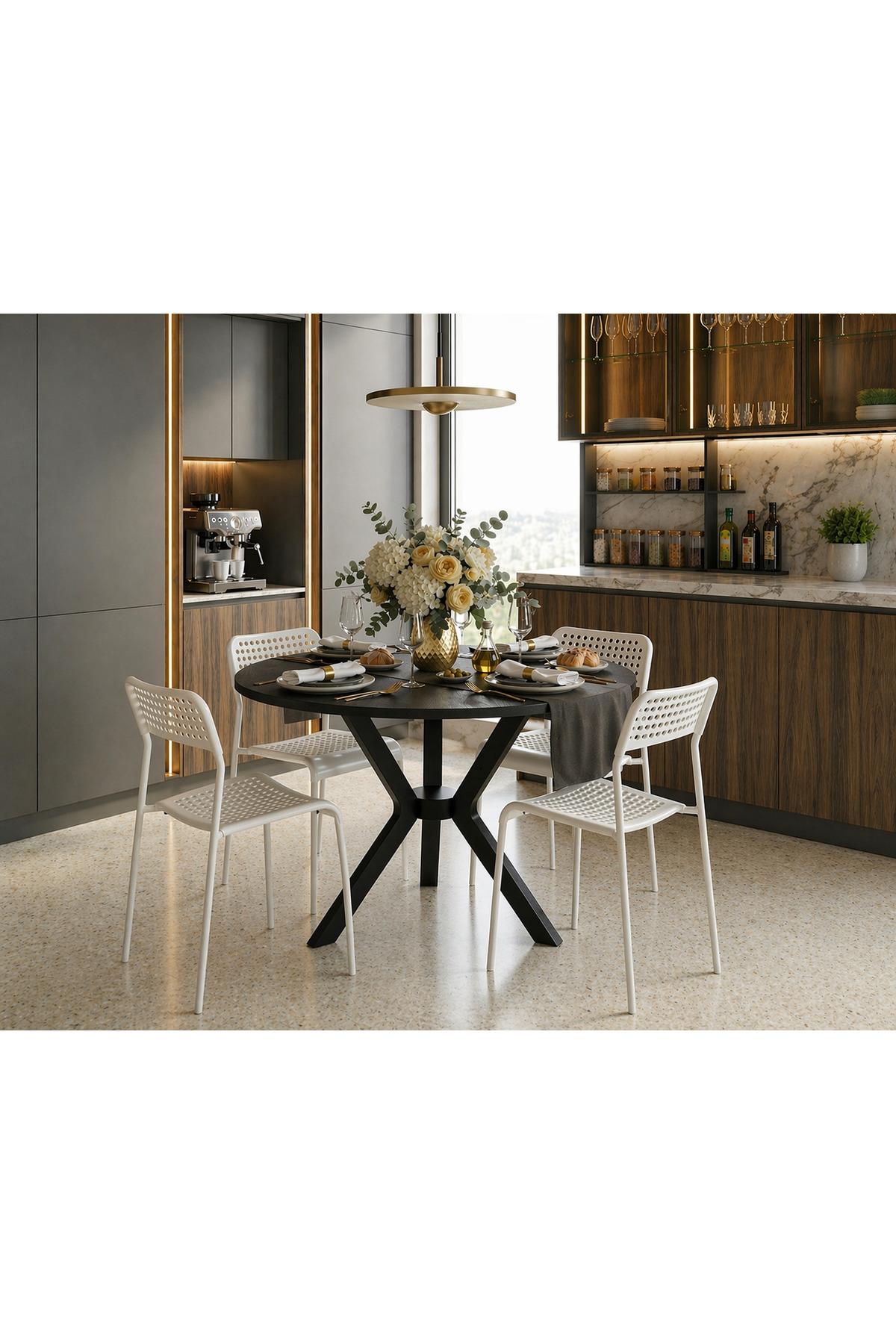 Black 4 Seater Kitchen Table Set Round Table Dining Table Kitchen Table Chair Set 4 Chairs 1 Table