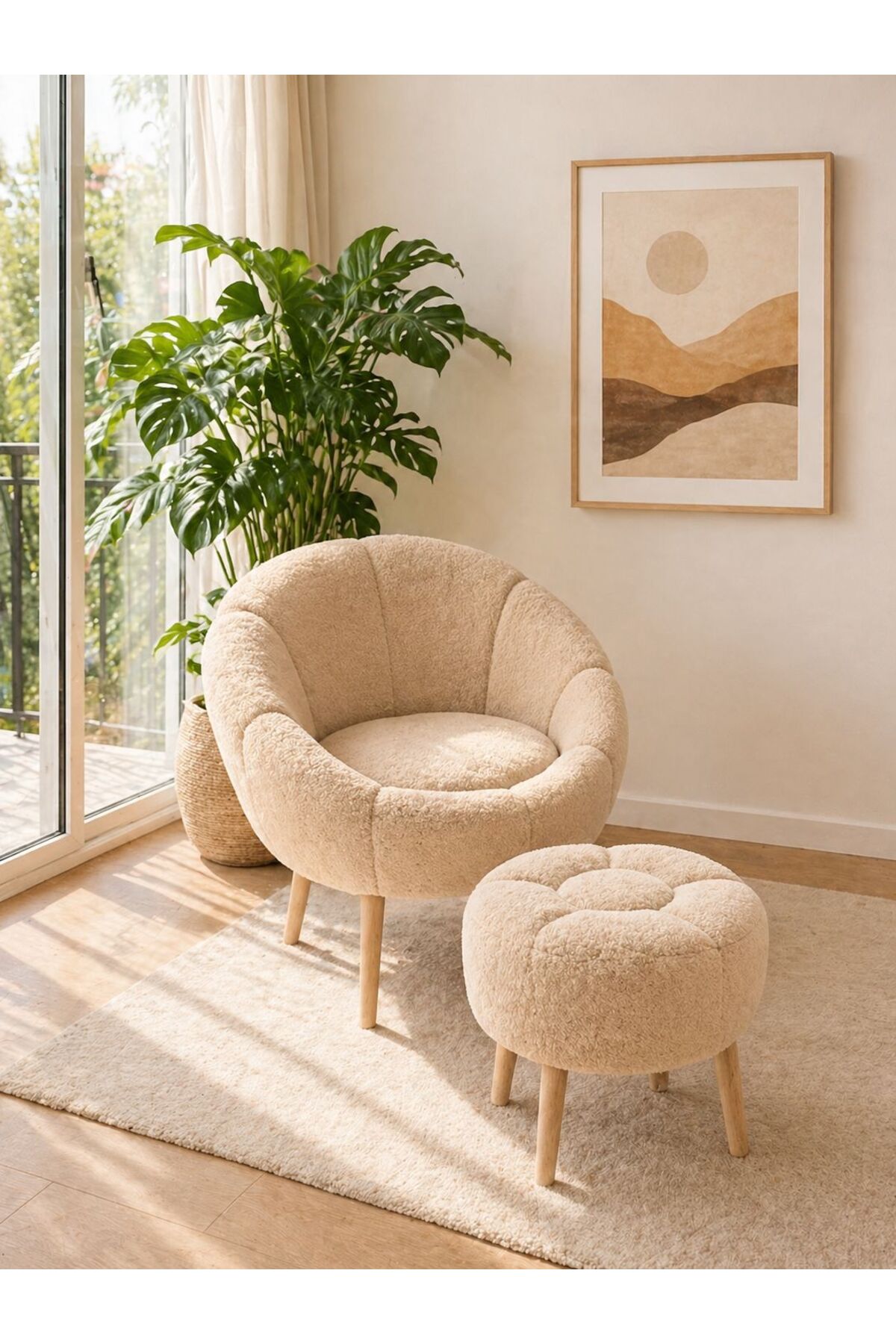 LİDA Single Armchair Bergère Wellsoft Beige (LIVING ROOM,BALCONY,OFFICE) with DAISY POUFFE GIFT