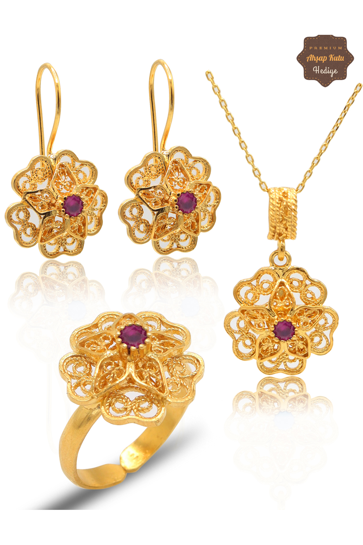 Midyat Nurtaş Gümüş Safir Taşlı Gül Model Kadın Gold Kaplama 925