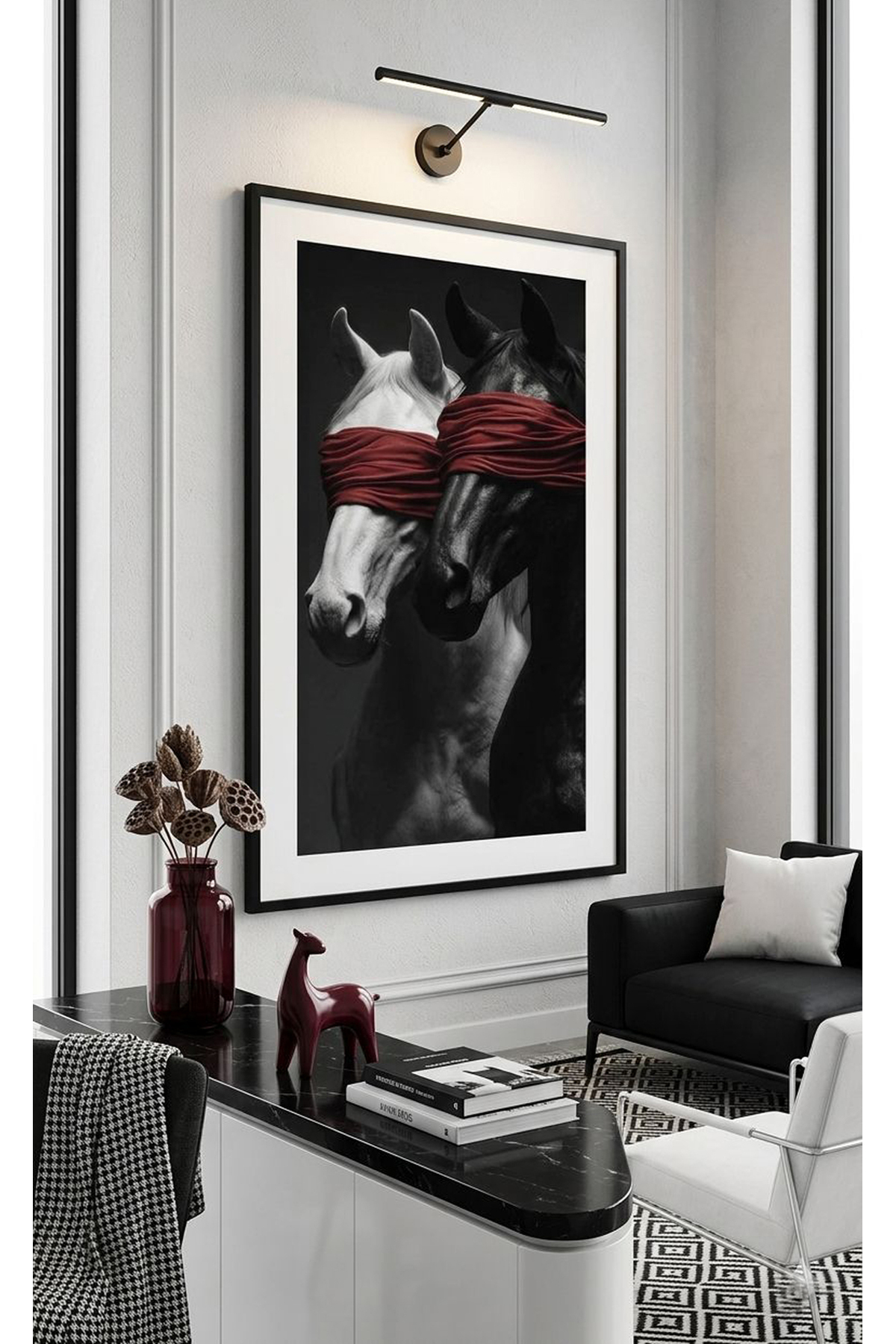Single Black Metal Frame Minimalist Red Banded Horses Glass Table Set