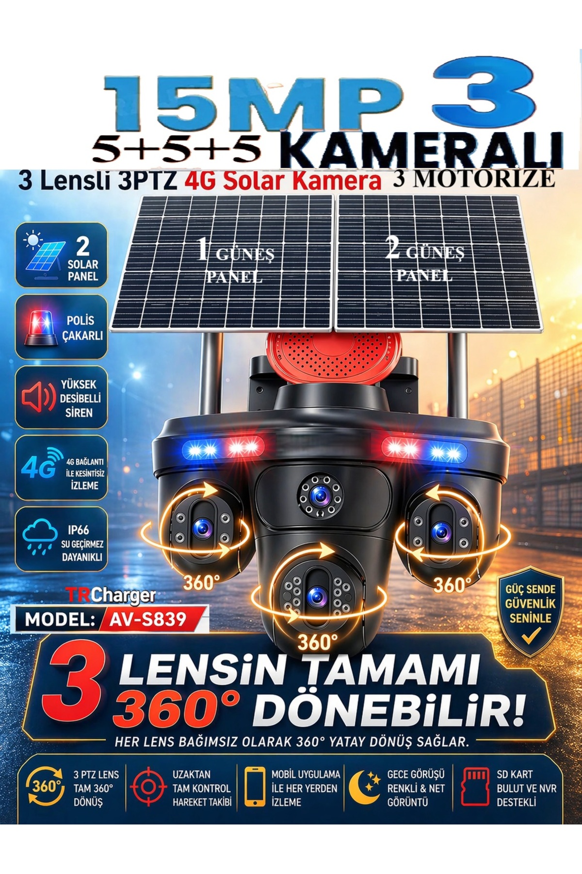 TRCharger S839 15MP 3 Kameralı 4G SIM Kartlı Solar Güvenlik