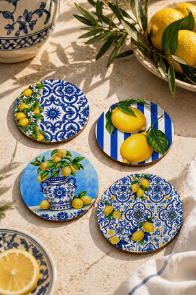 BYC TÜRKİYE Limon Desenli Bardak Altlığı 4’lü Set – Sicilya Temalı - 9 cm, 3 ...