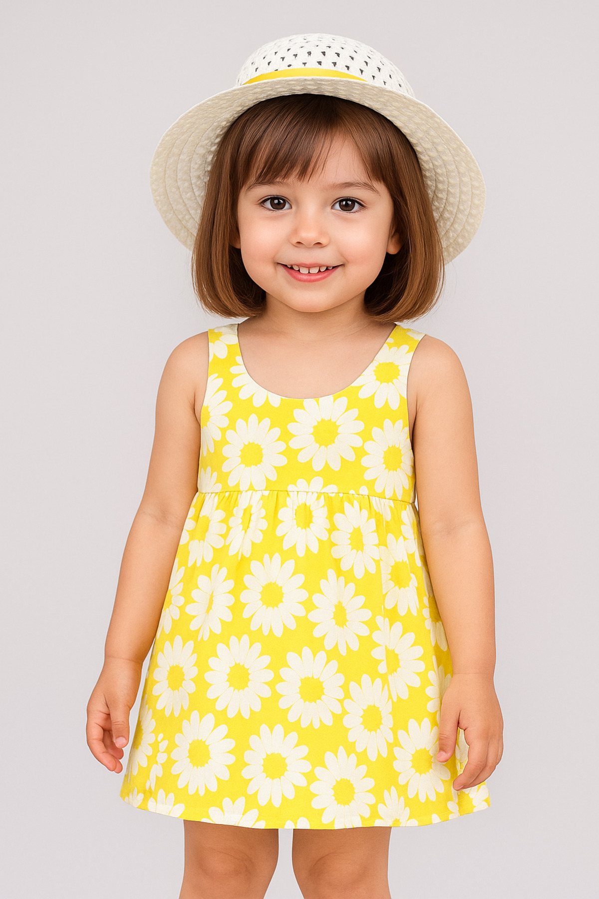 LP LittlePoffy Kız Çocuk Sarı Papatyalı Elbise Şapka Set