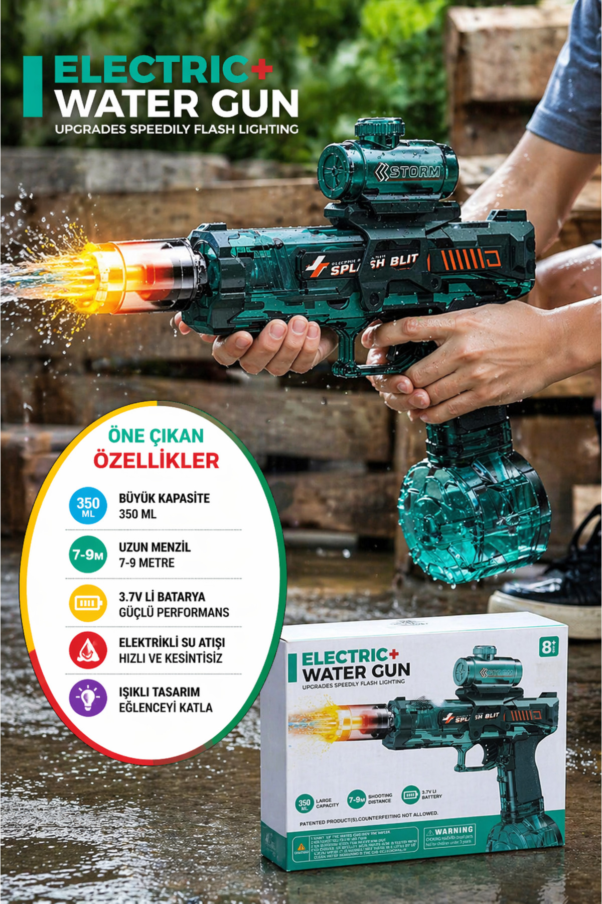 OpenCity Elektrikli Su Tabancası Şarjlı Otomatik 350ML Işıklı Uzun