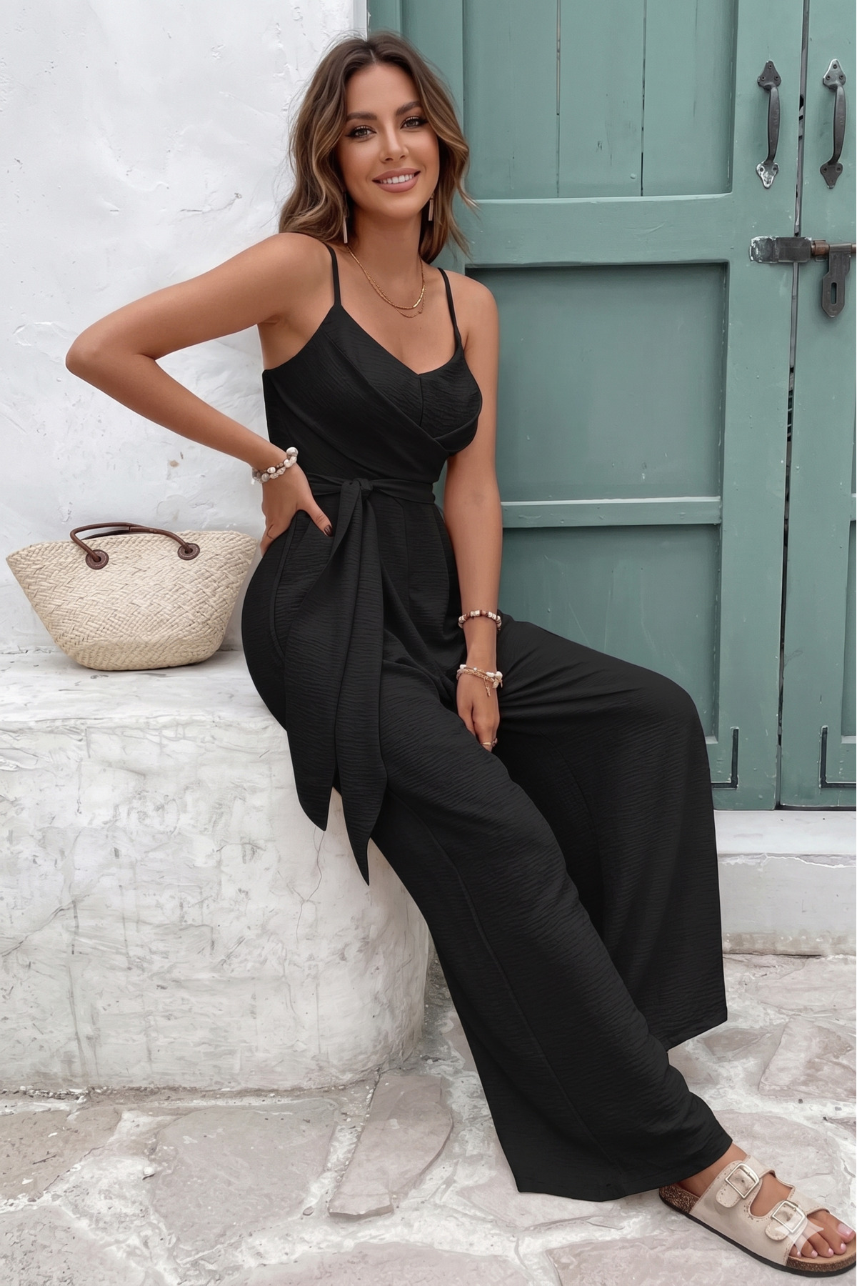 New Season Women's Long Aerobin Jumpsuit with Rope Strap and Neck Waistband