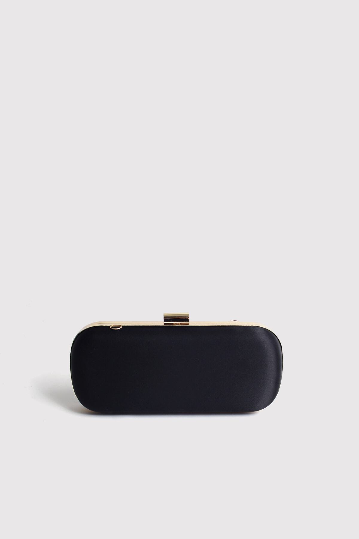 Atelier Nord Siyah Kadın Saten Gold Kapaklı Clutch Abiye Çanta görsel 3
