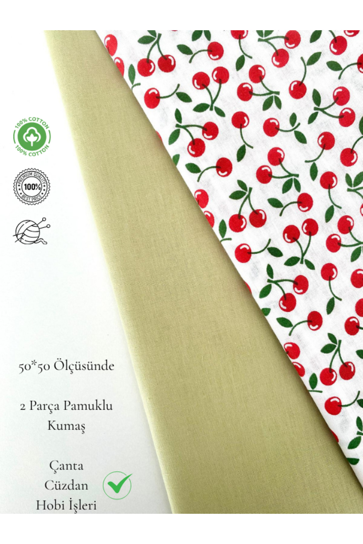 2 Pcs. Width 50 cm Pastel Green and Red Cherry Patterned Cotton Piece Fabric for Bags, Wallets, Hobby Works