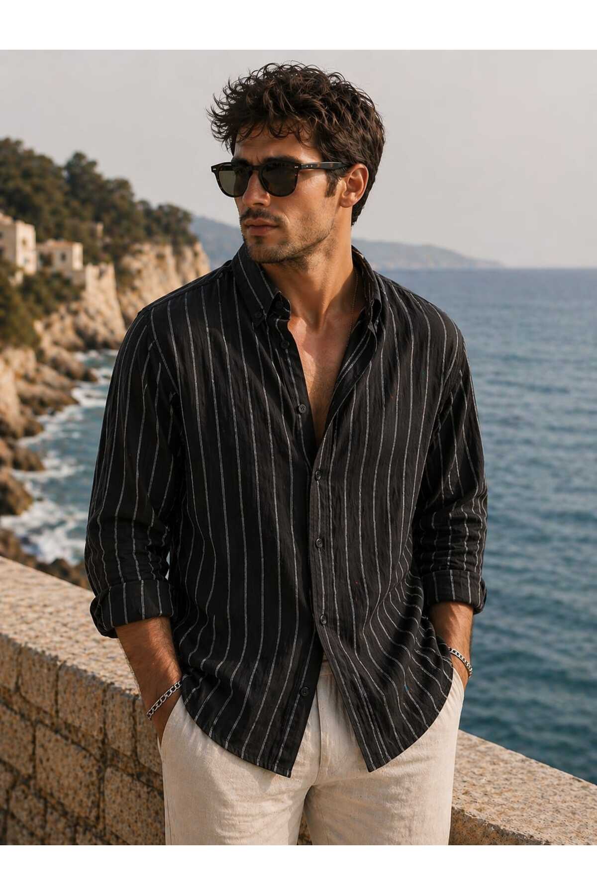 YNGMENCLASS Tensel Iron-Free, Thin Light Textured Fabric, Striped Draped Half-Oversize Summer Men's Shirt