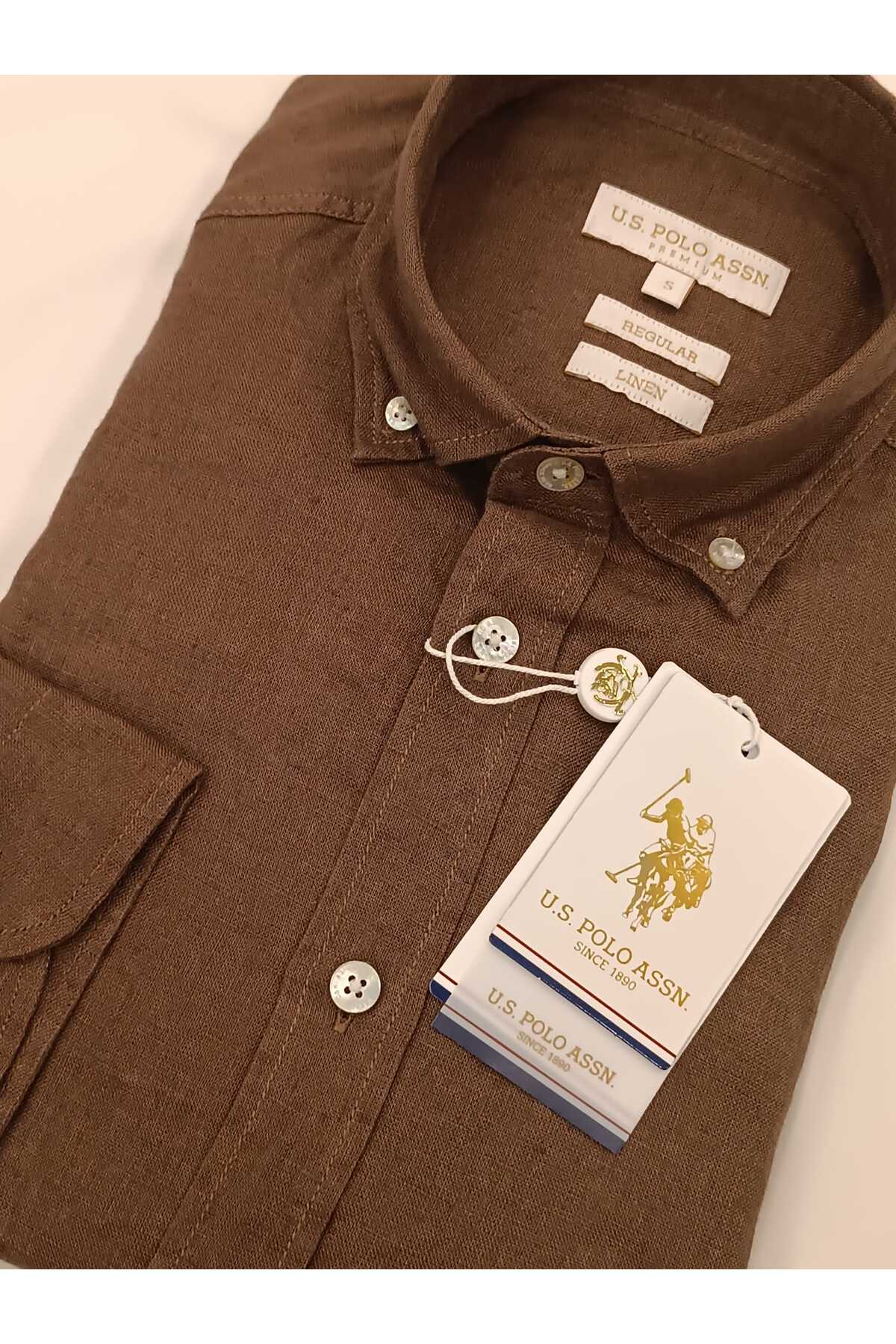 U.S. Polo Assn. U.S. POLO ASSN ERKEK PREMİUM KETEN KUMAŞ REGULAR KAHVE GÖMLEK — قهوه‌ای 8790
