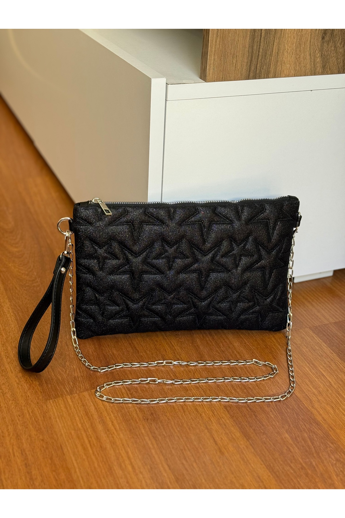 Bagnest Yıldız Nakışlı Zincir Askılı Simli Deri Portföy & Clutch Çanta görsel 2