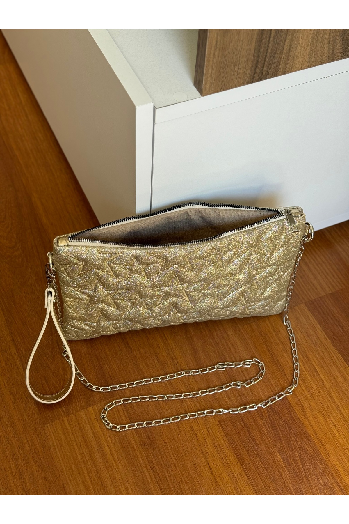 Bagnest Yıldız Nakışlı Zincir Askılı Simli Deri Portföy & Clutch Çanta görsel 6