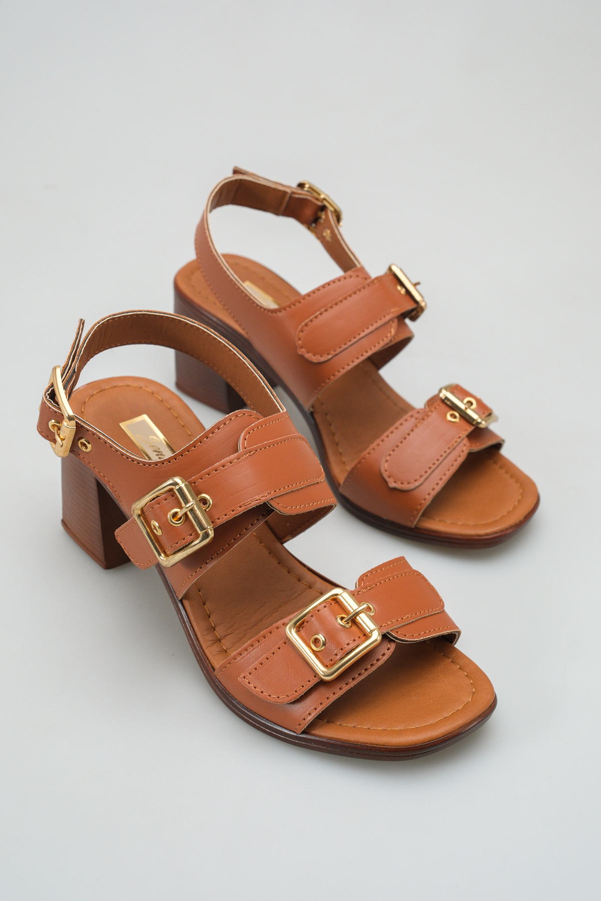 S600 Double Band and Gold Color Metal Buckle Thick Heel Sandals Stylish Women's Shoes