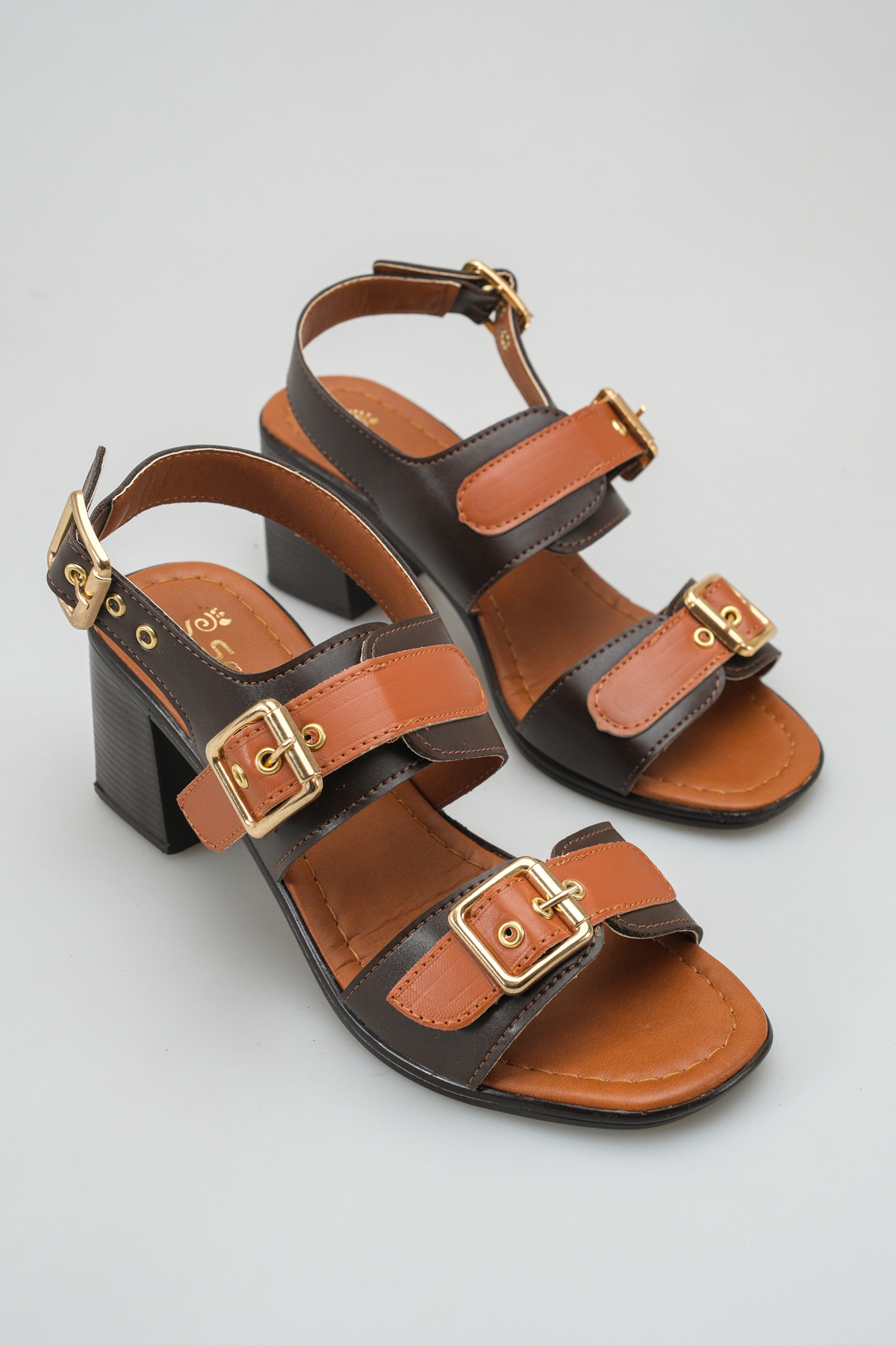 S600 Double Band and Gold Color Metal Buckle Thick Heel Sandals Stylish Women's Shoes