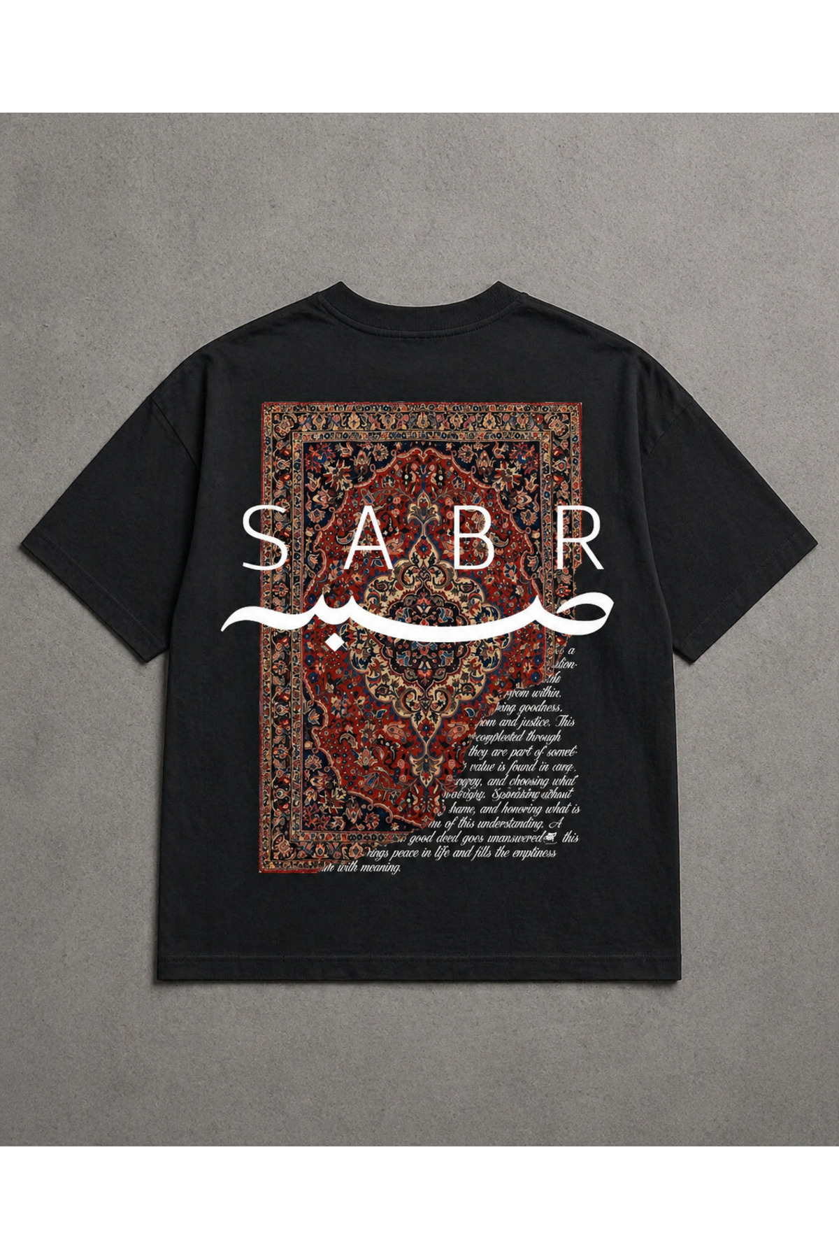 YOLO STREET Oversize Siyah Tişört Sabr Halı Desenli Arka Baskı Unisex Pamuk Streetwear