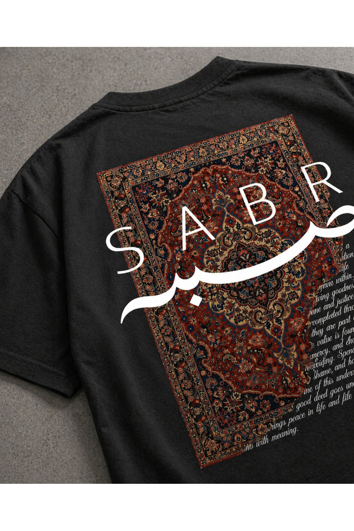 YOLO STREET Oversize Siyah Tişört Sabr Halı Desenli Arka Baskı Unisex Pamuk Streetwear görsel 4