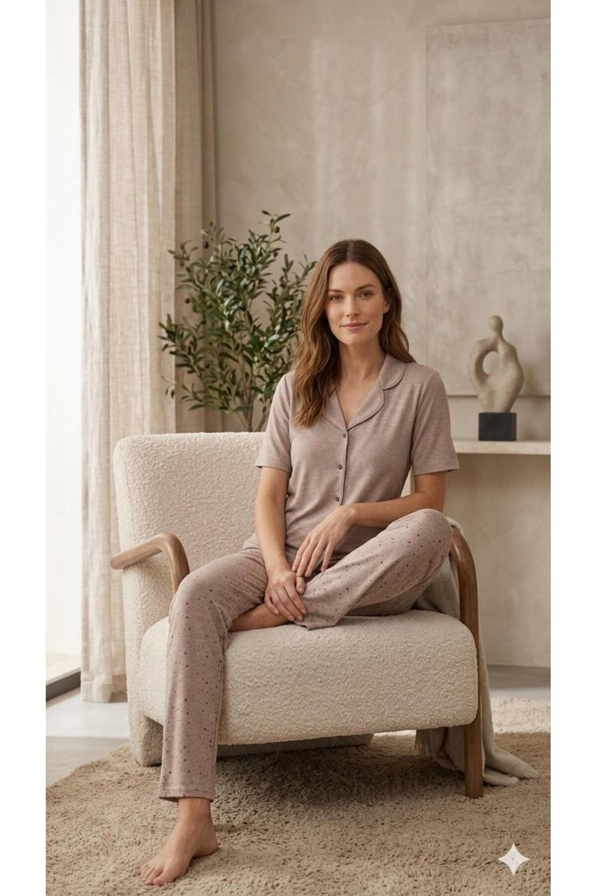 FAMES PİJAMA Summer Shirt Collar Buttoned Women's Pajama Set