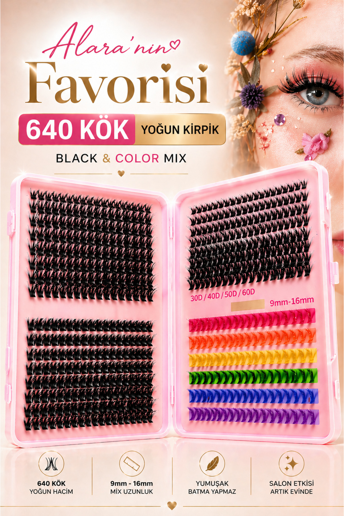 alaraycosmetics Takma Kirpik Seti 640 Kök Yoğun Cluster Kirpik Siyah Renkli Mix 9-16mm /Yapıştırıcı-Cımbız-Tarak Hedıye - Fiyatı, Yorumları
