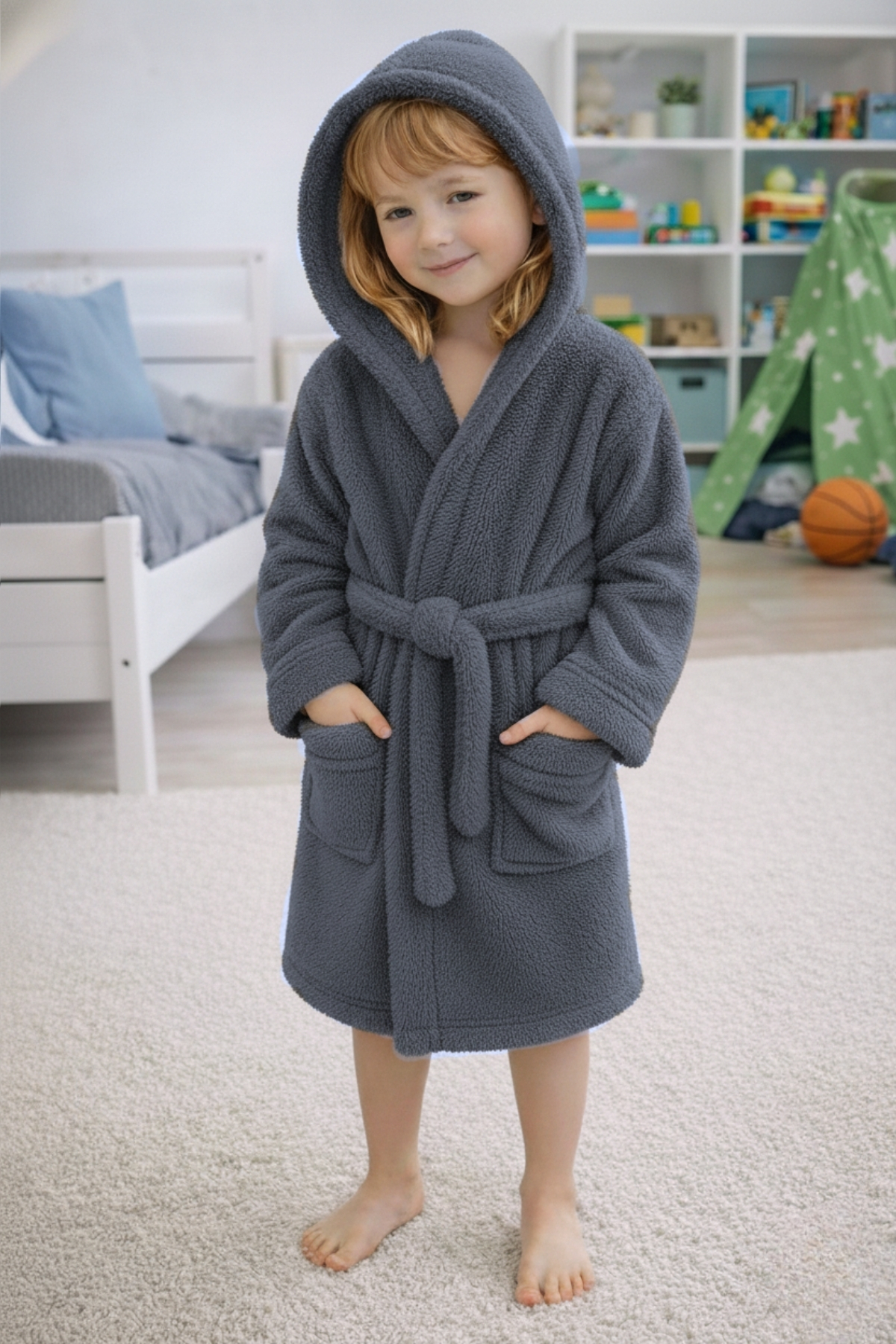 Luna Soft Boys/Girls Hooded Cotton Bathrobe Plush Robe | Dark Grey
