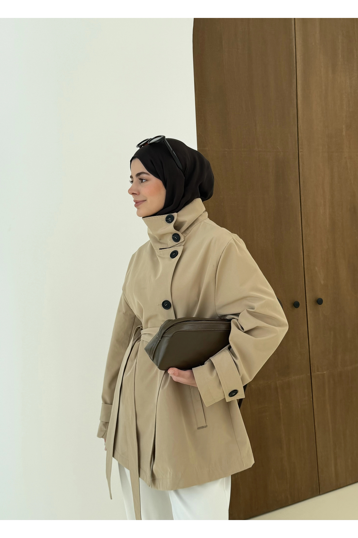 MODA AKSA 2093 Coton Mevsimlik Dik Yaka Trenç Bej görsel 3