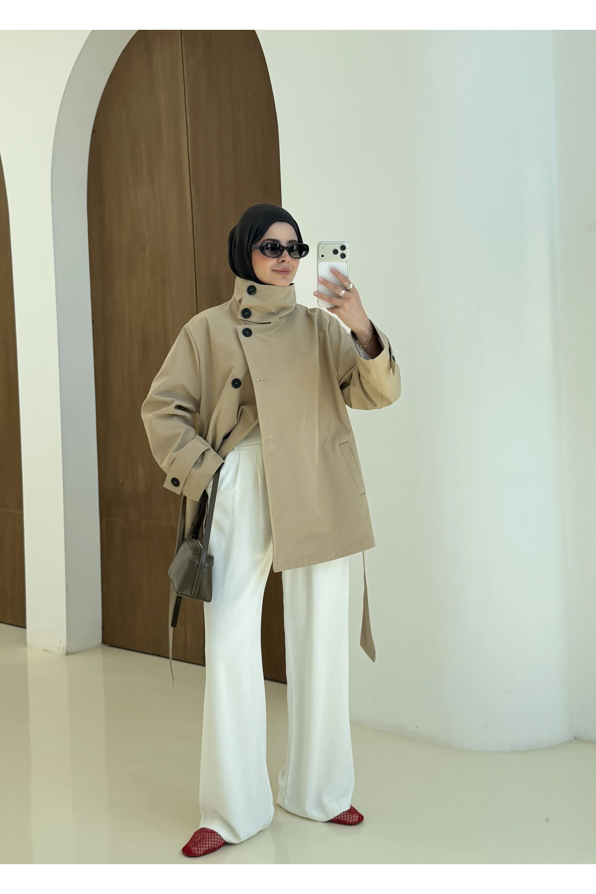 MODA AKSA 2093 Coton Mevsimlik Dik Yaka Trenç Bej görsel 2
