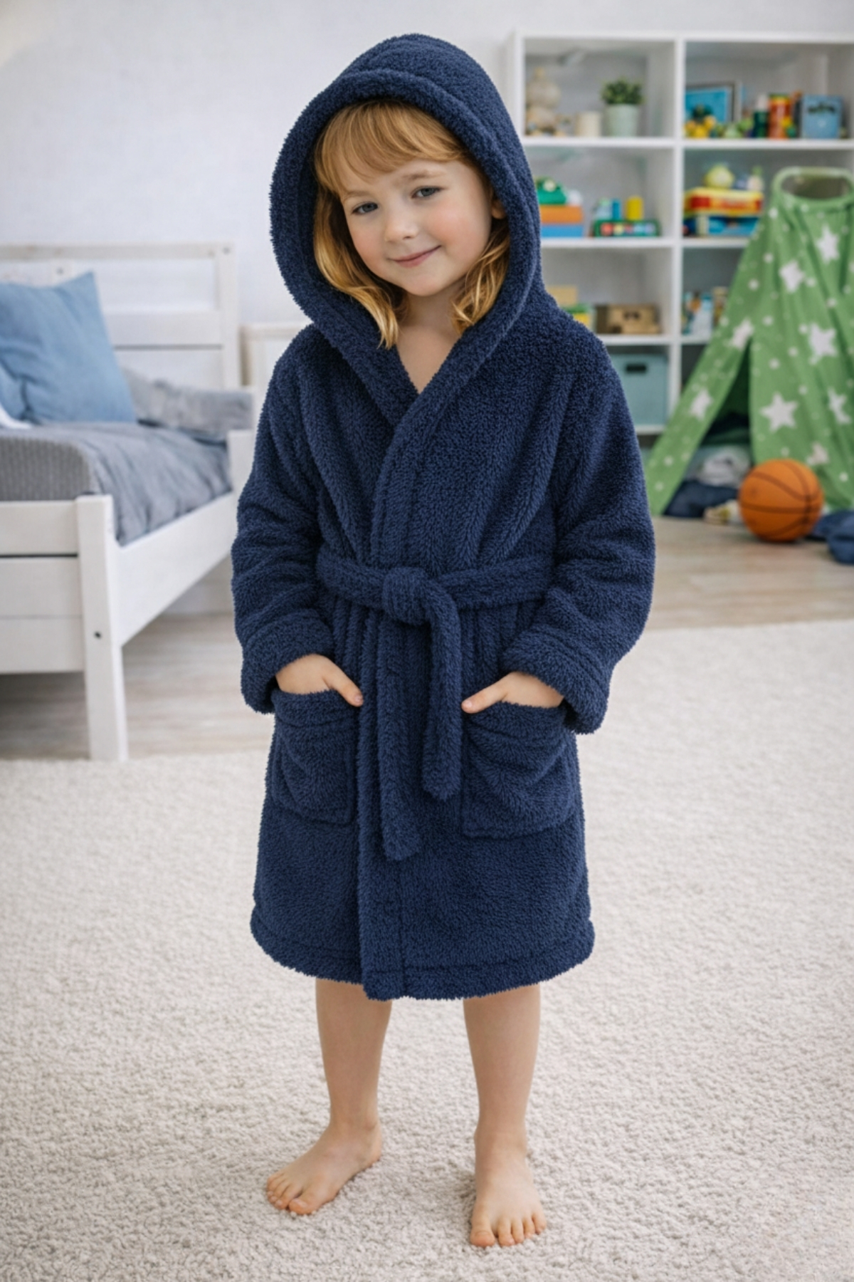 Luna Soft Girls / Boys Hooded Cotton Bathrobe Plush Dressing Gown |Navy