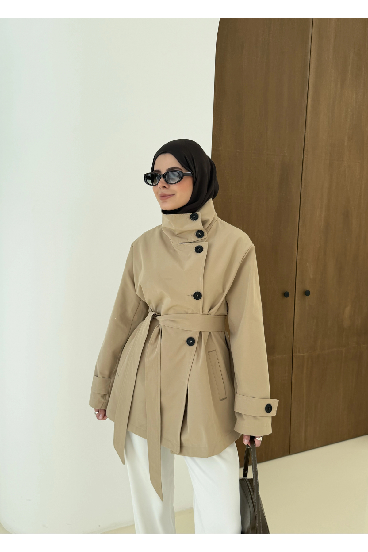MODA AKSA 2093 Coton Mevsimlik Dik Yaka Trenç Bej