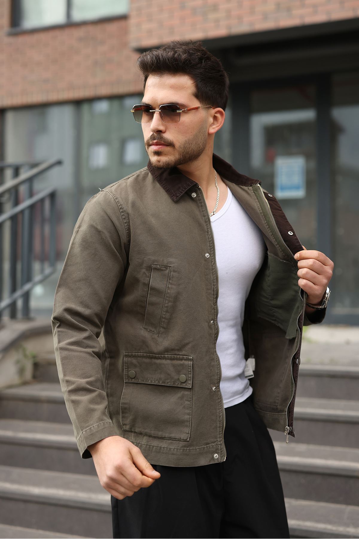 LTC Jeans Erkek Haki Garni Yaka Spor Canvas Mont görsel 3