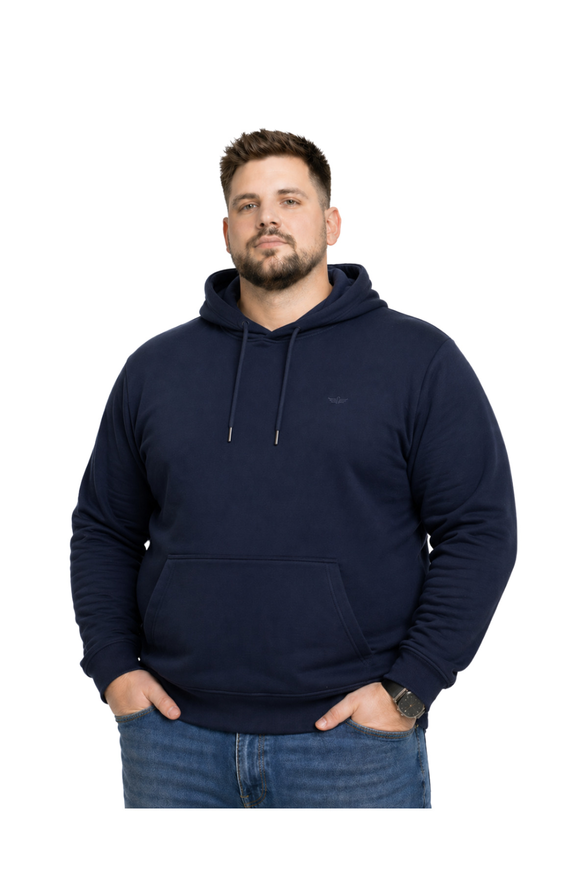 BattalModa Erkek Büyük Beden Lacivert İki İplik Kapüşonlu Sweatshirt 3XL-4XL-5XL-6XL