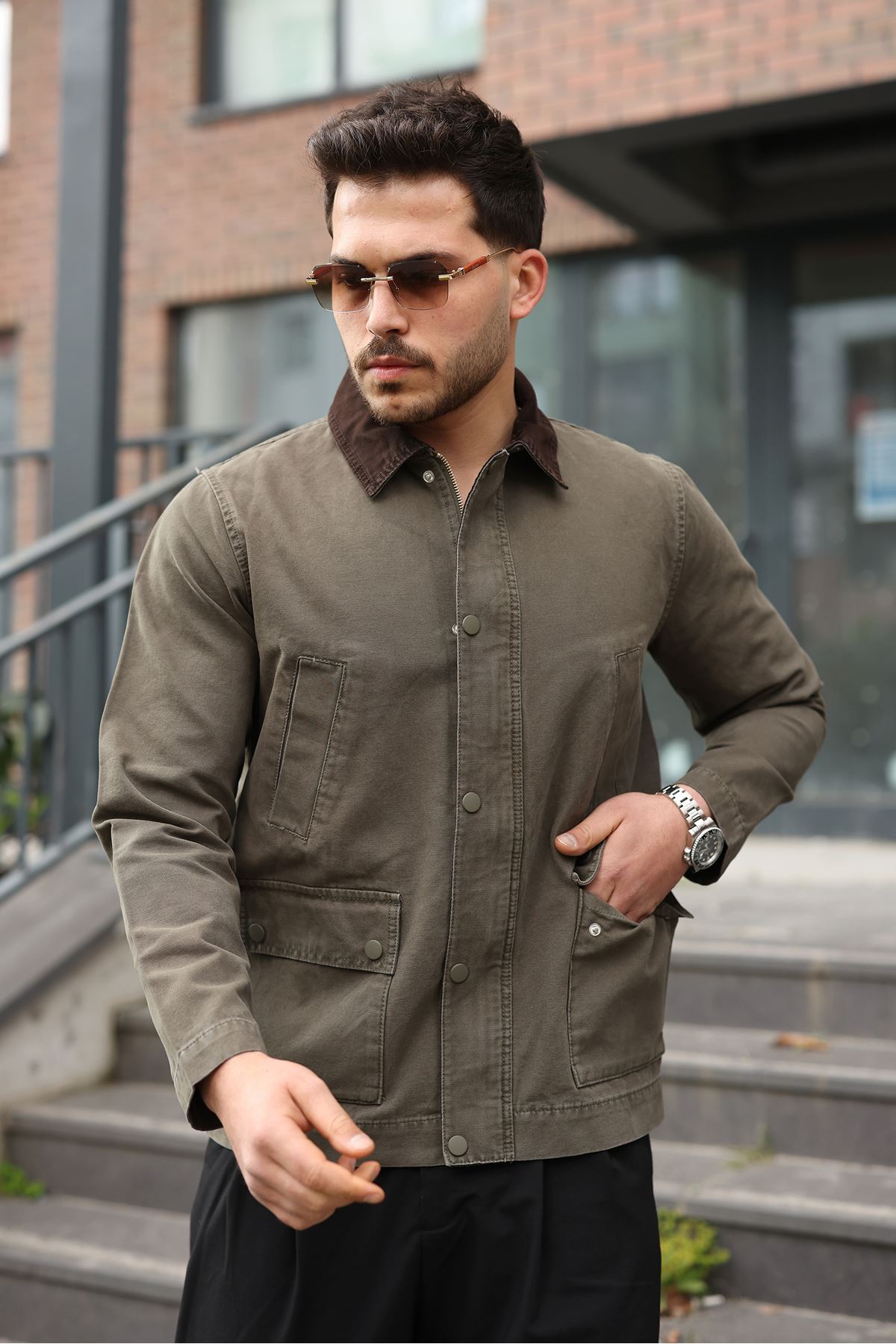 LTC Jeans Erkek Haki Garni Yaka Spor Canvas Mont görsel 2