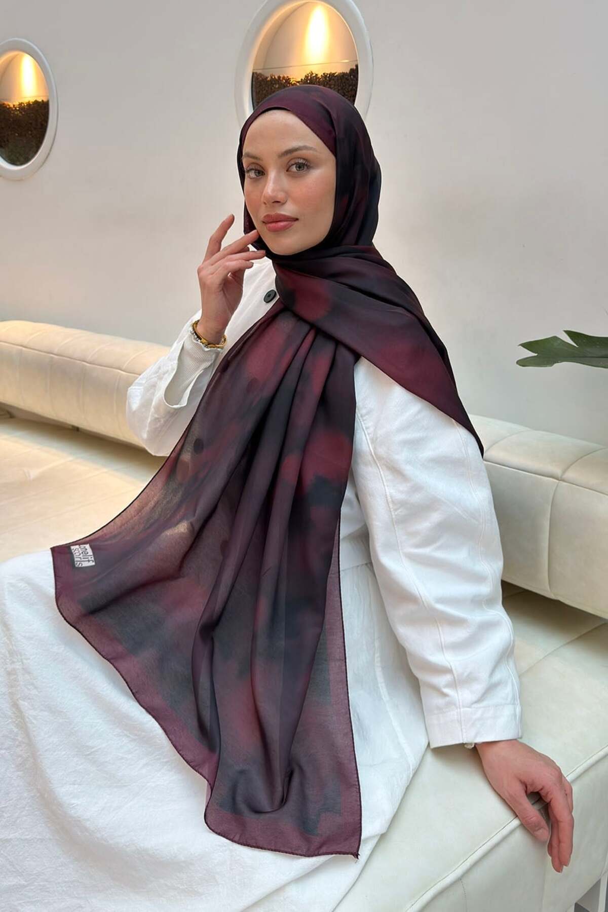 lamelif Batik Desen Soft Şal Bordo görsel 2