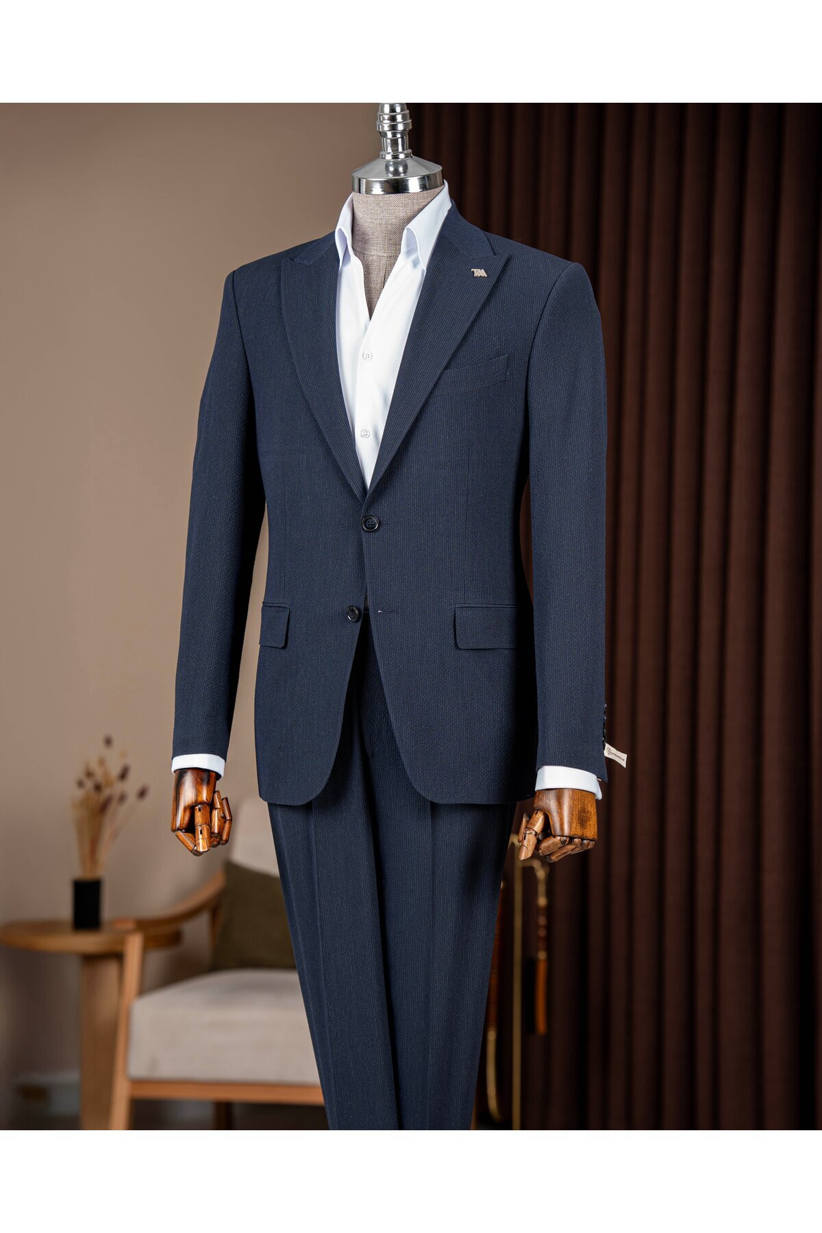 TerziAdemAltun Italian Style Slim Fit Men's Pointed Collar Jacket Pants Suit Navy Blue T20082-02