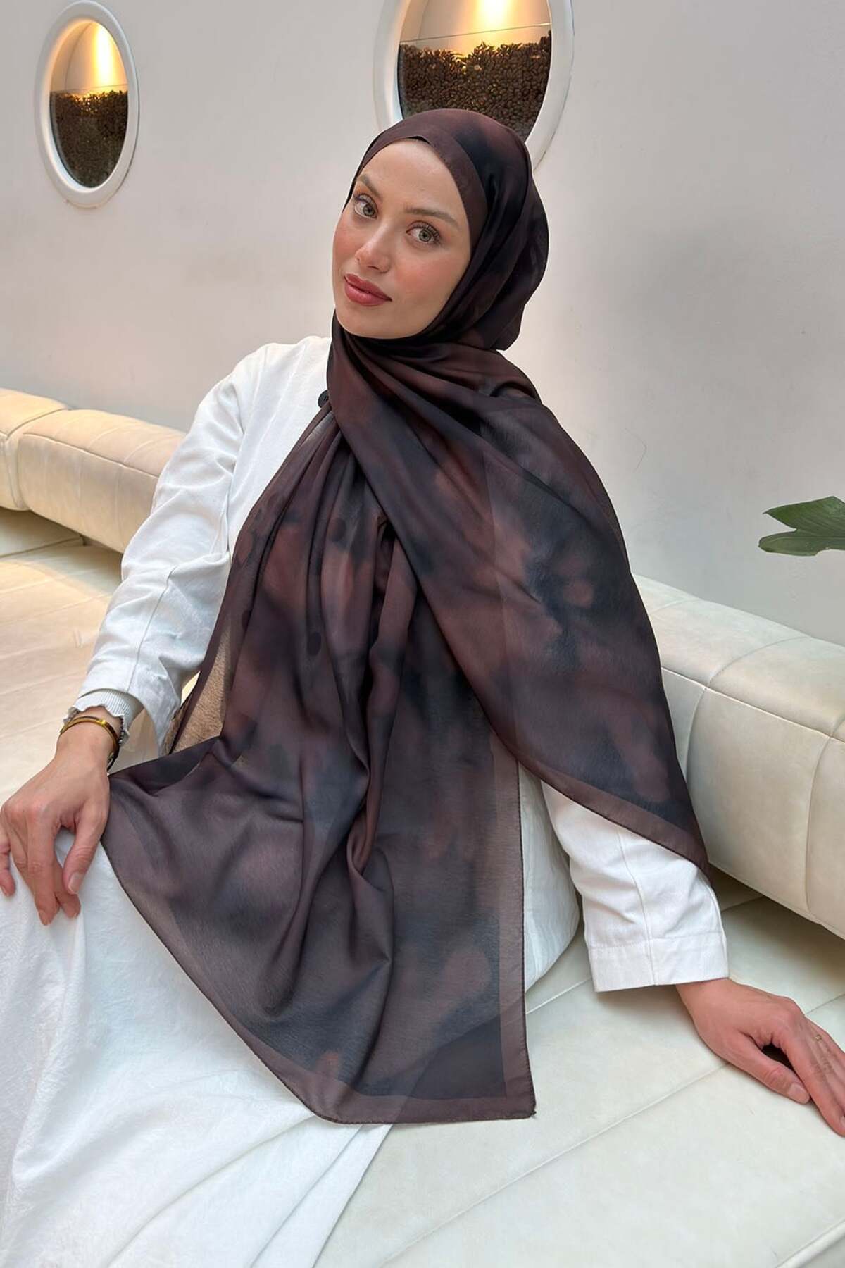 lamelif Batik Desen Soft Şal Koyu Kahve