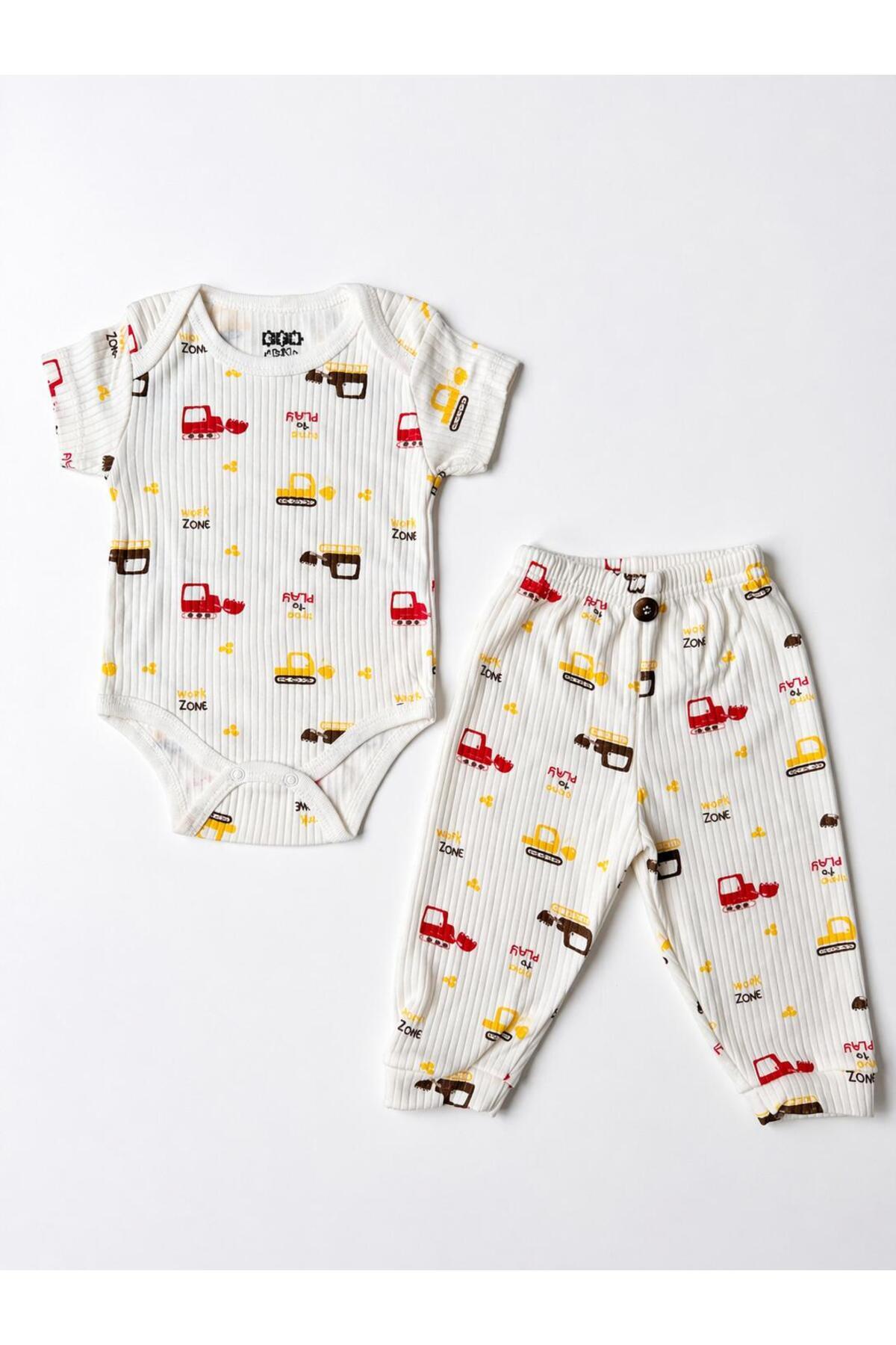 2-Piece Scoop Patterned Cotton Baby Boy Short Sleeve Bodysuit Pants Set