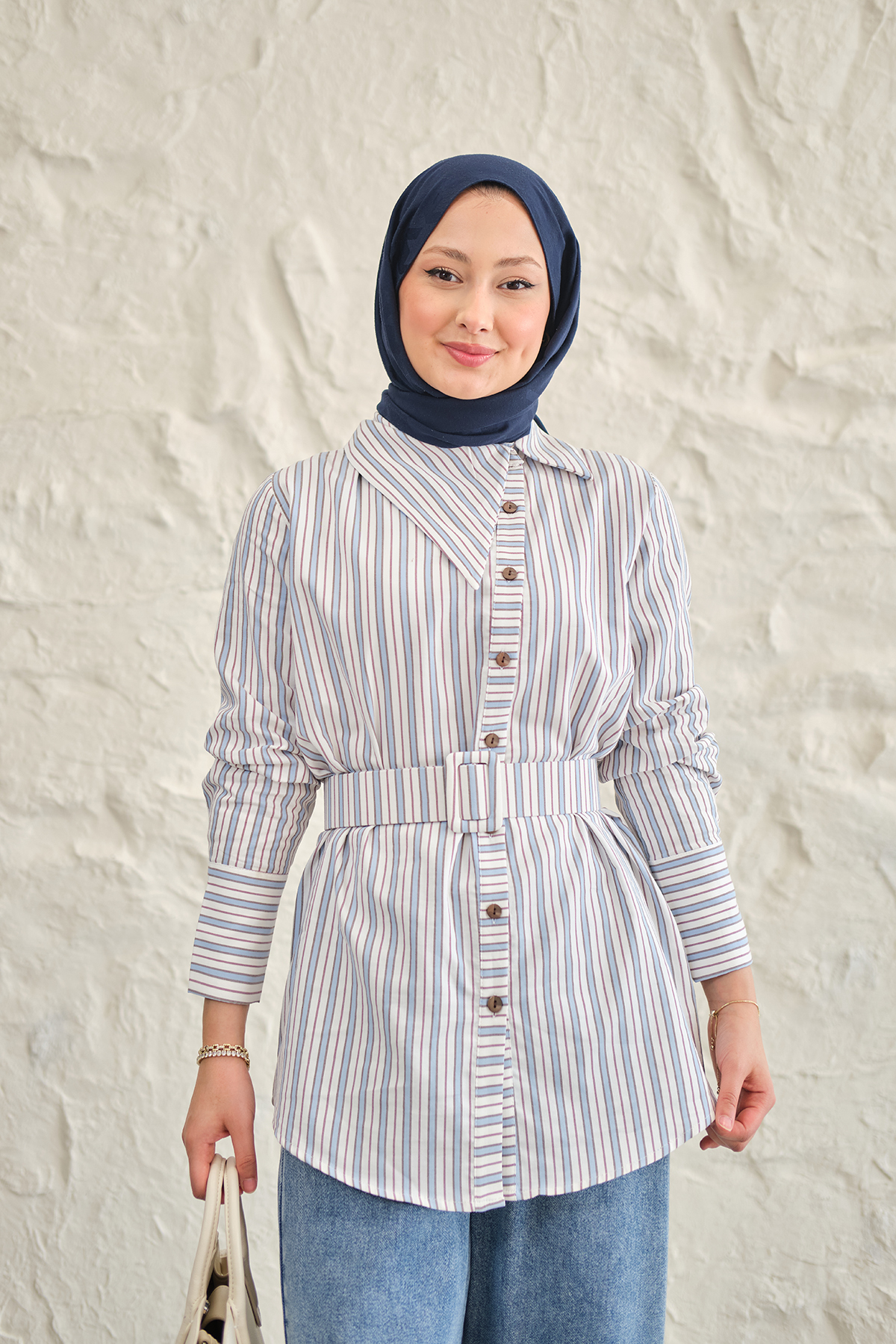 LOCCO Women's Side Collar Detailed Waist Belted Shirt Blue