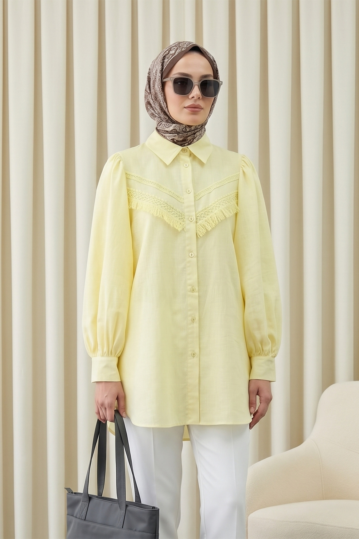 Raw Linen Tassel Detailed Shirt - Light Yellow