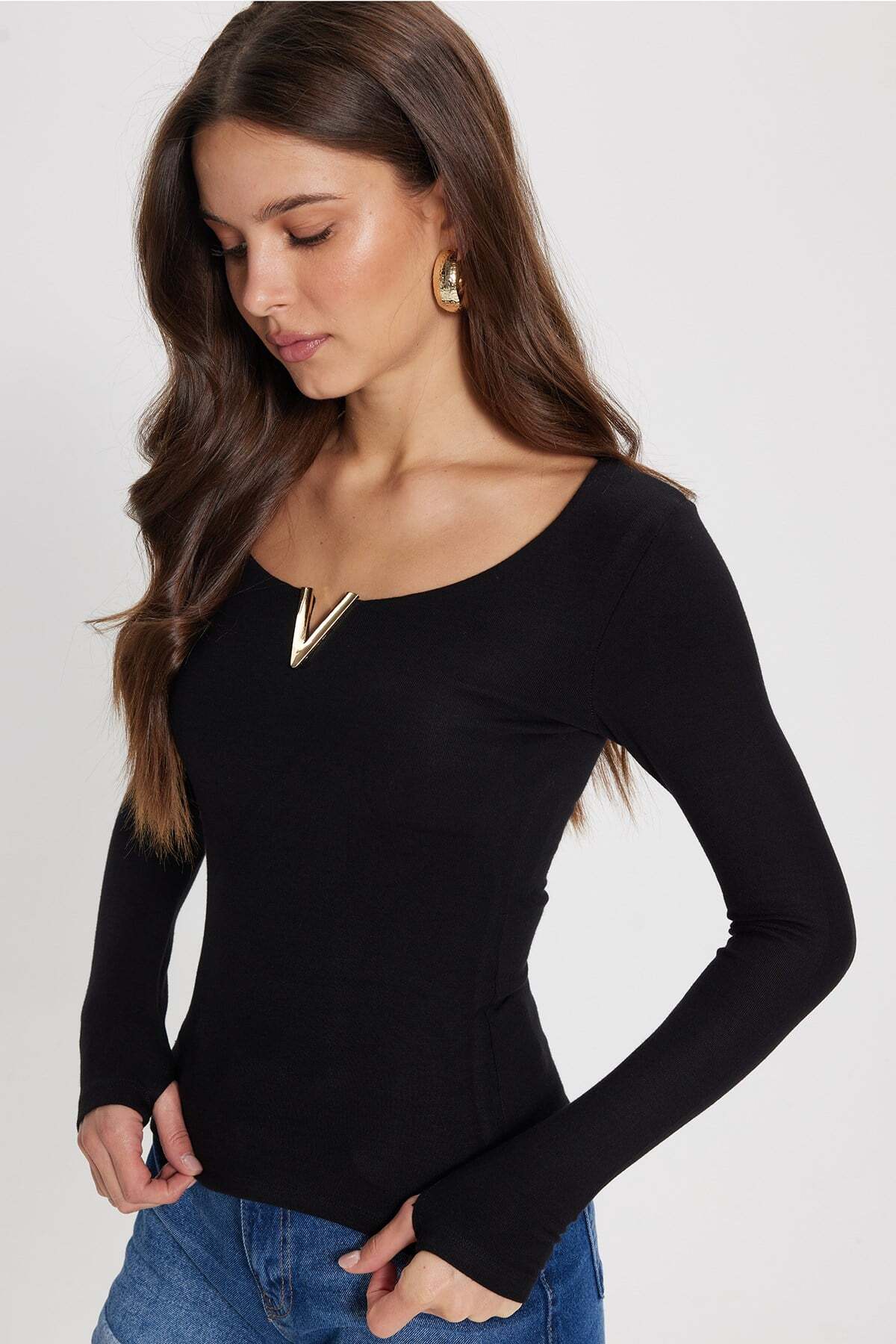 Tudors Women's Slim Fit Slim Fitting Cotton Long Sleeve V-Neck Black T-Shirt Blouse Blouse