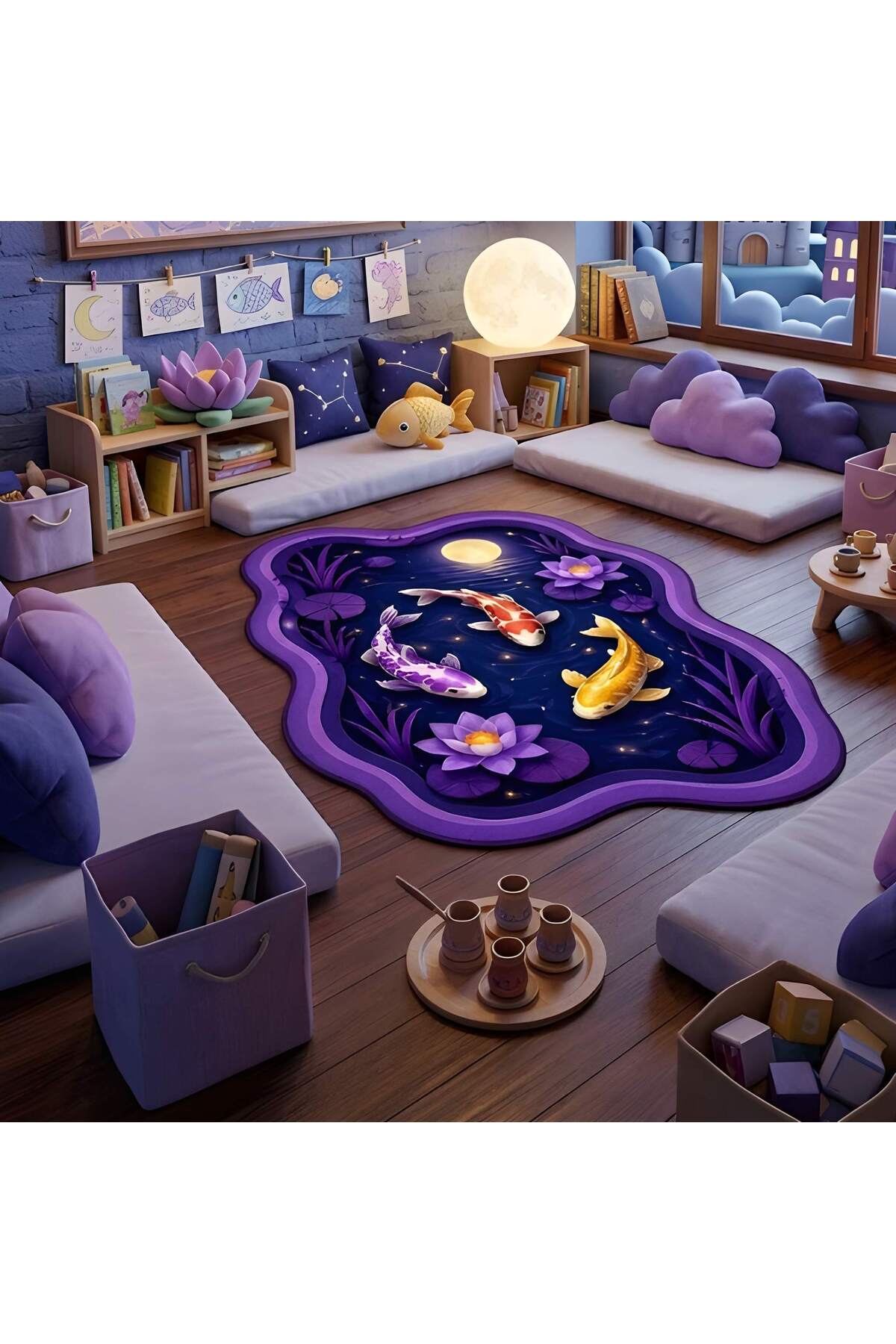 SDT Night Sparkling Koi Fish and Lotus Floral Purple Woven Base Decorative Carpet sdt847
