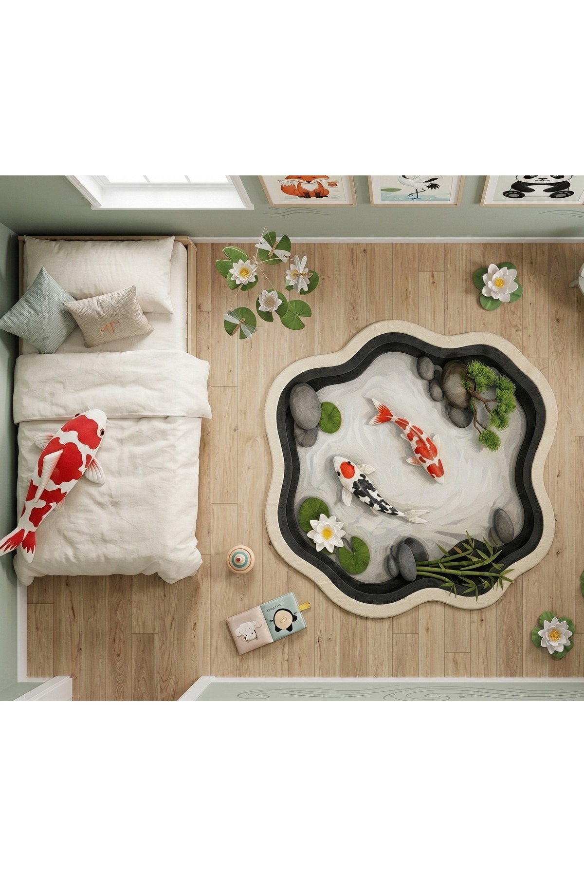 SDT Minimal Koi Fish and Zen Garden Patterned Monochrome Woven Base Decorative Carpet sdt853