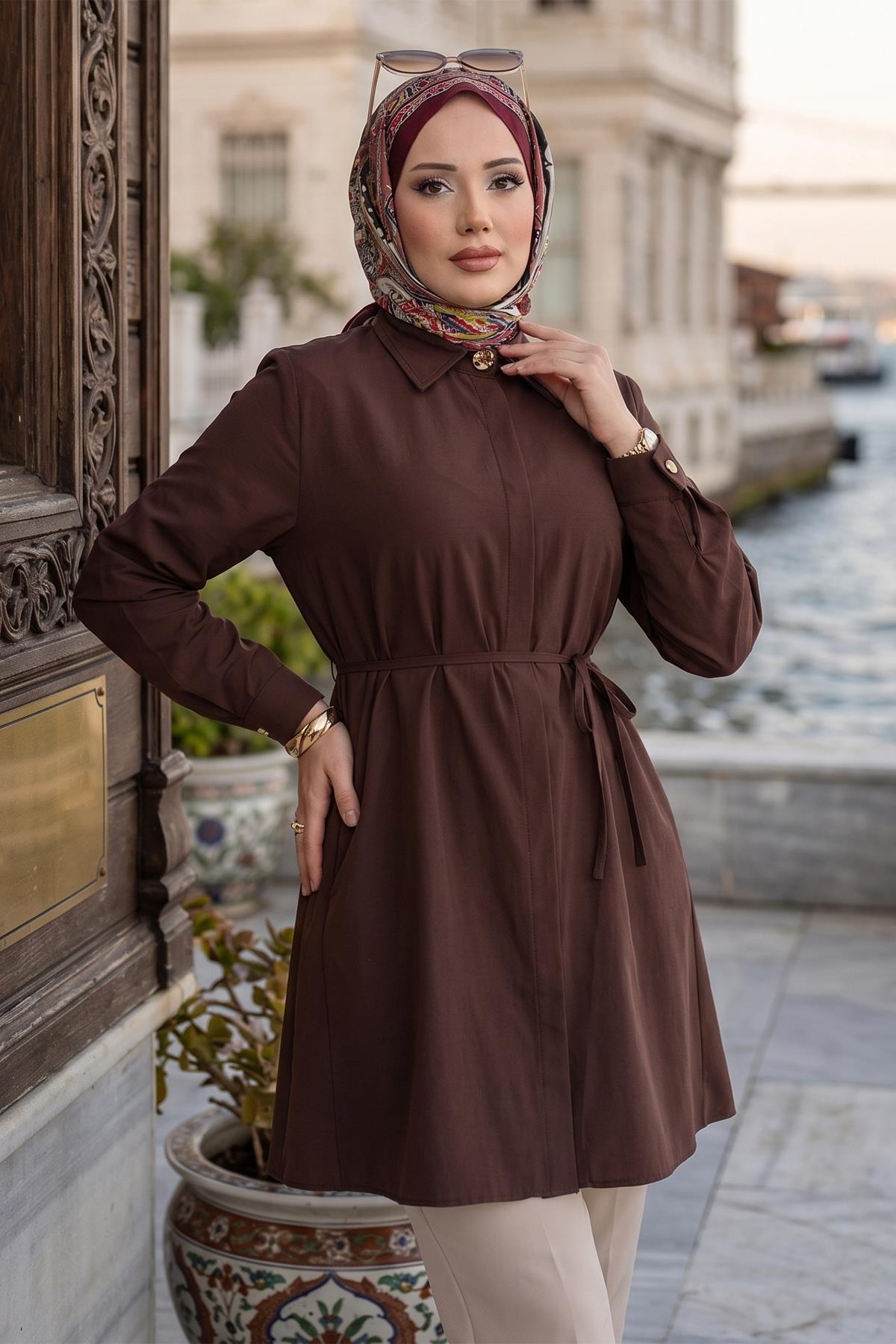 hafsamina Bağlamalı Cepli Tunik Kahverengi HM2911 görsel 2