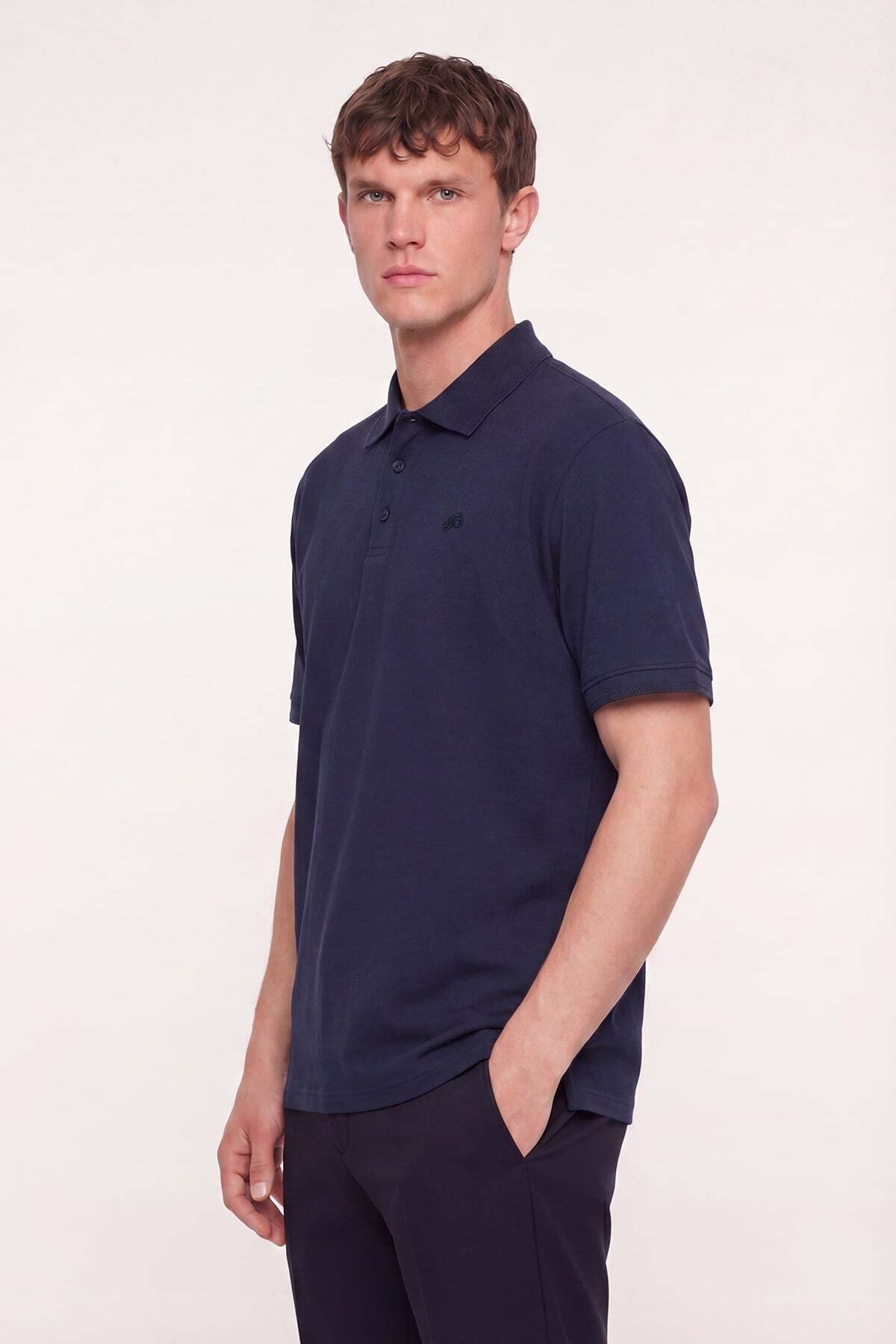 Sabri Özel Erkek Lacivert Normal Kesim Regular Fit Pamuklu Pike Basic Polo Yaka Tişört görsel 3