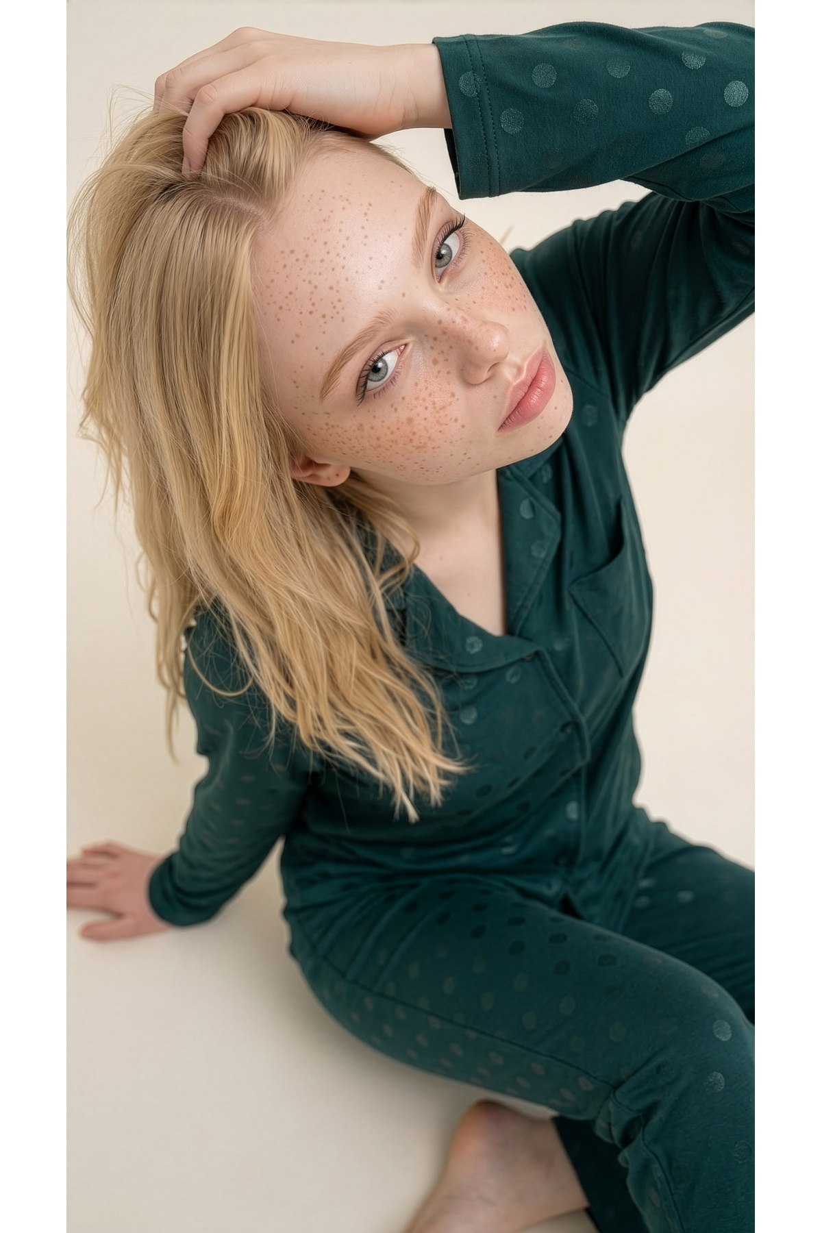 Arzey Green Point Patterned Woven Long Sleeve Front Buttoned Pajama Set