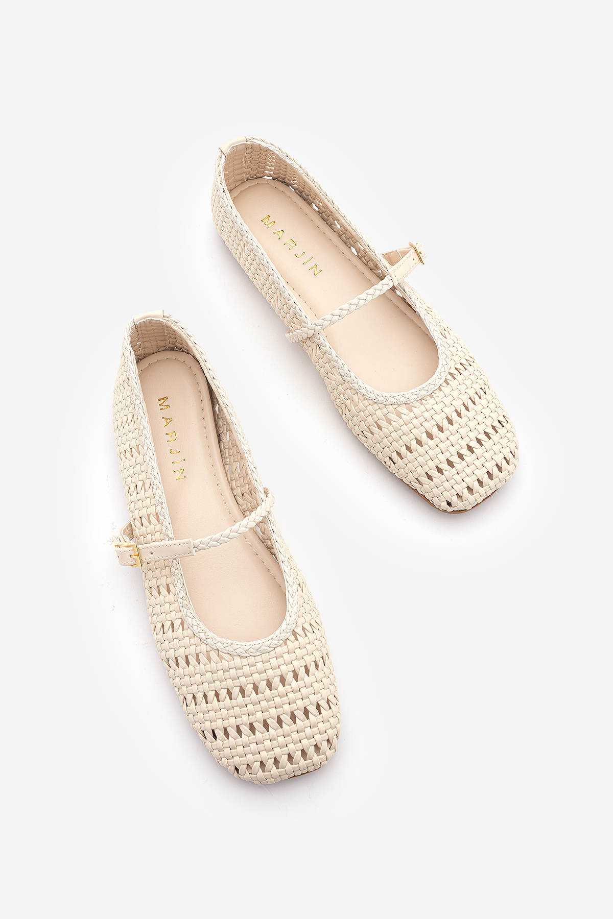 Women's Butt Nose Hand Weave Mary Jane Banded Casual Flats Lyenian Ecru