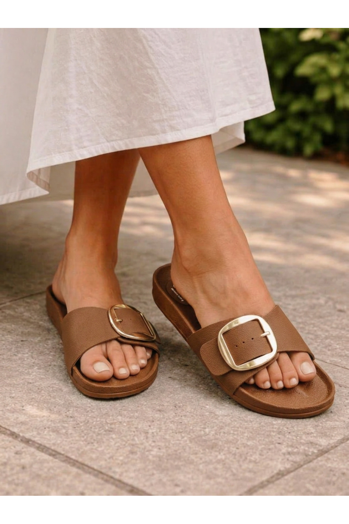 Women's Tan Slippers with Large Buckle – Stylish Summer Slippers with Casual Comfort Base | Minimal Design